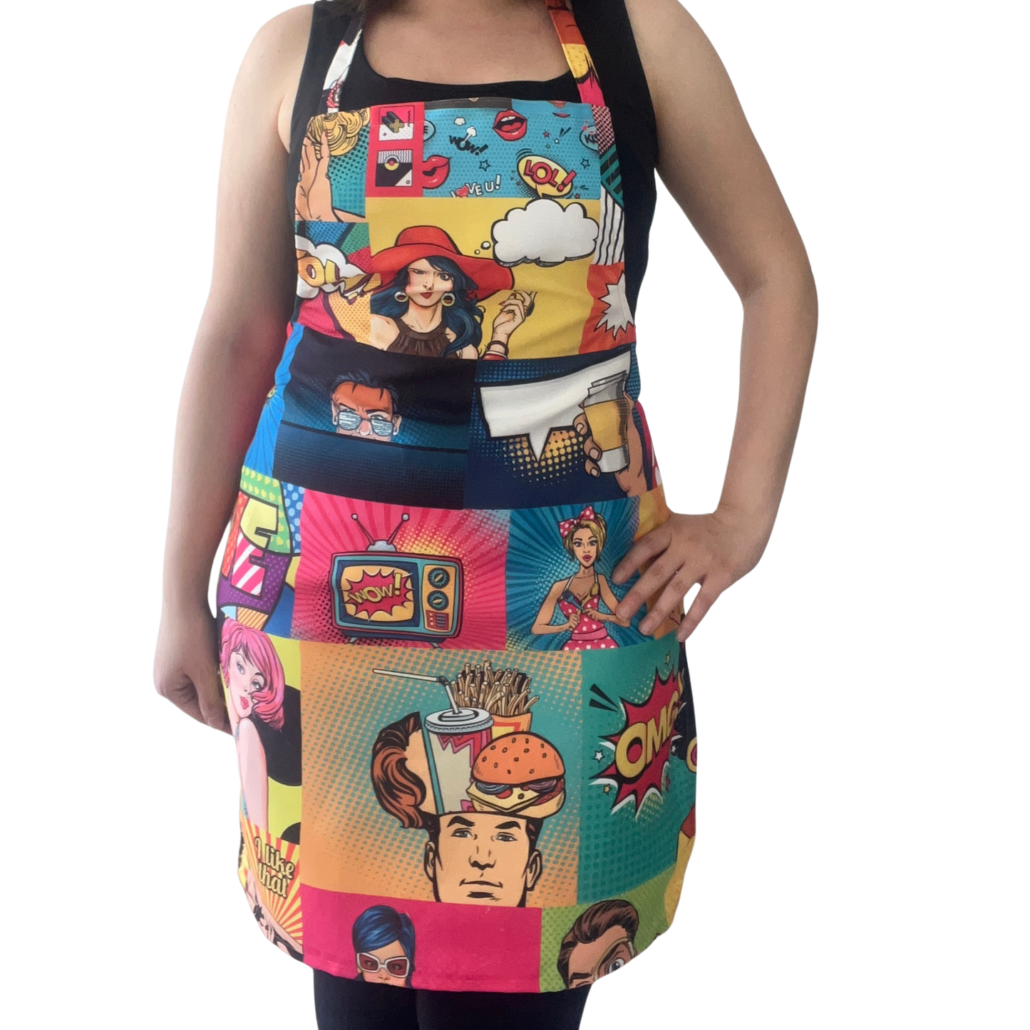 Handmade Pop Art Kitchen Apron – Colorful Comic Print Cooking Apron, Fun Food & Lifestyle Pattern, Unique Gift for Chefs & Home Cooks