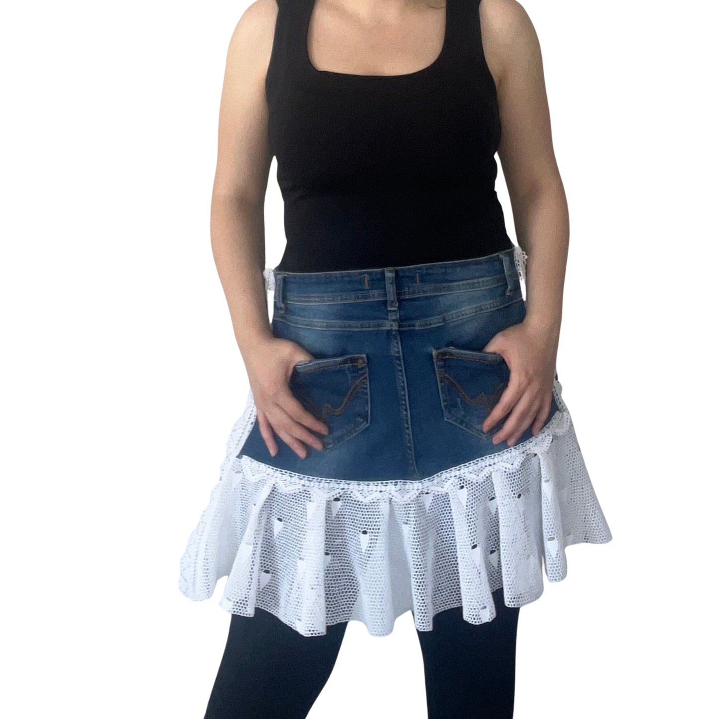 Upcycled Denim Half Apron with Lace Trim – Handmade Kitchen Apron