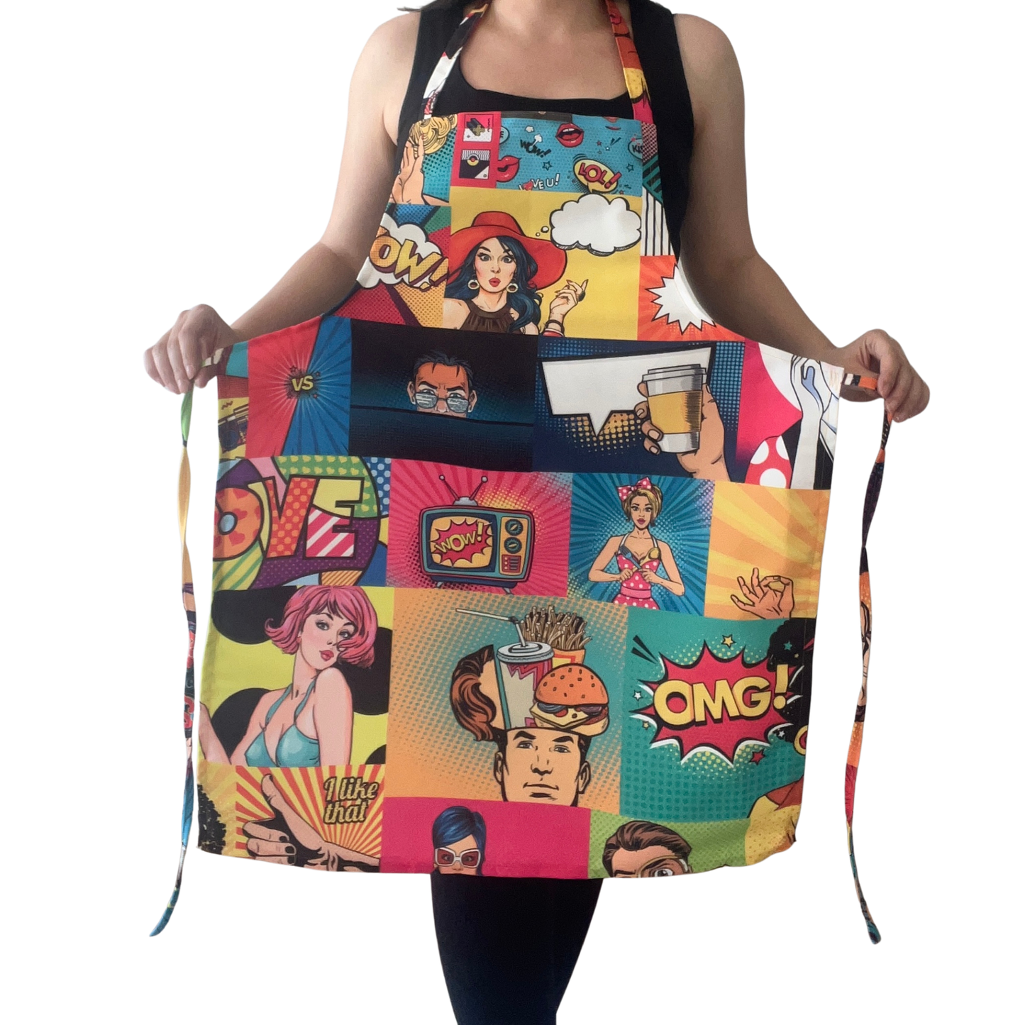 Handmade Pop Art Kitchen Apron – Colorful Comic Print Cooking Apron, Fun Food & Lifestyle Pattern, Unique Gift for Chefs & Home Cooks