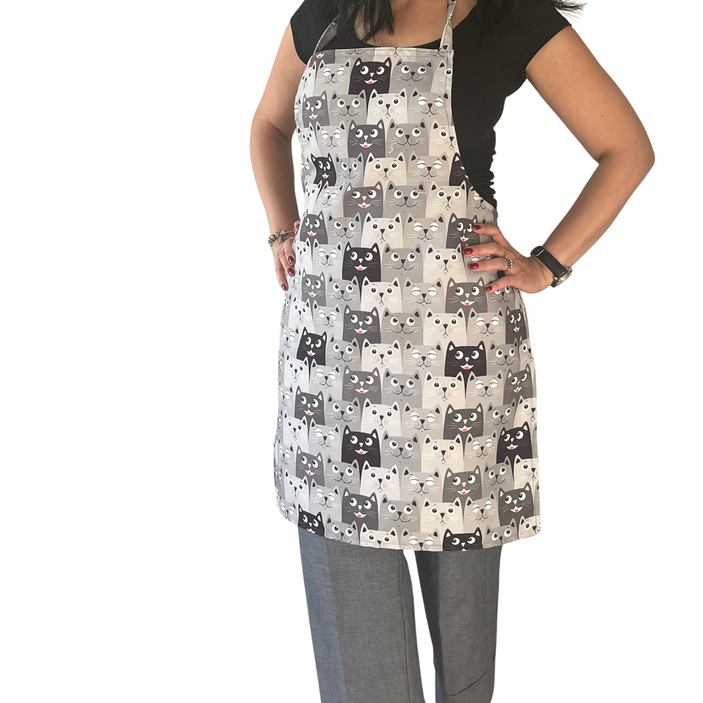 Handmade Cat Print Apron – Cute Grey, Black & White Cat Face Kitchen Apron for Cooking & Crafting