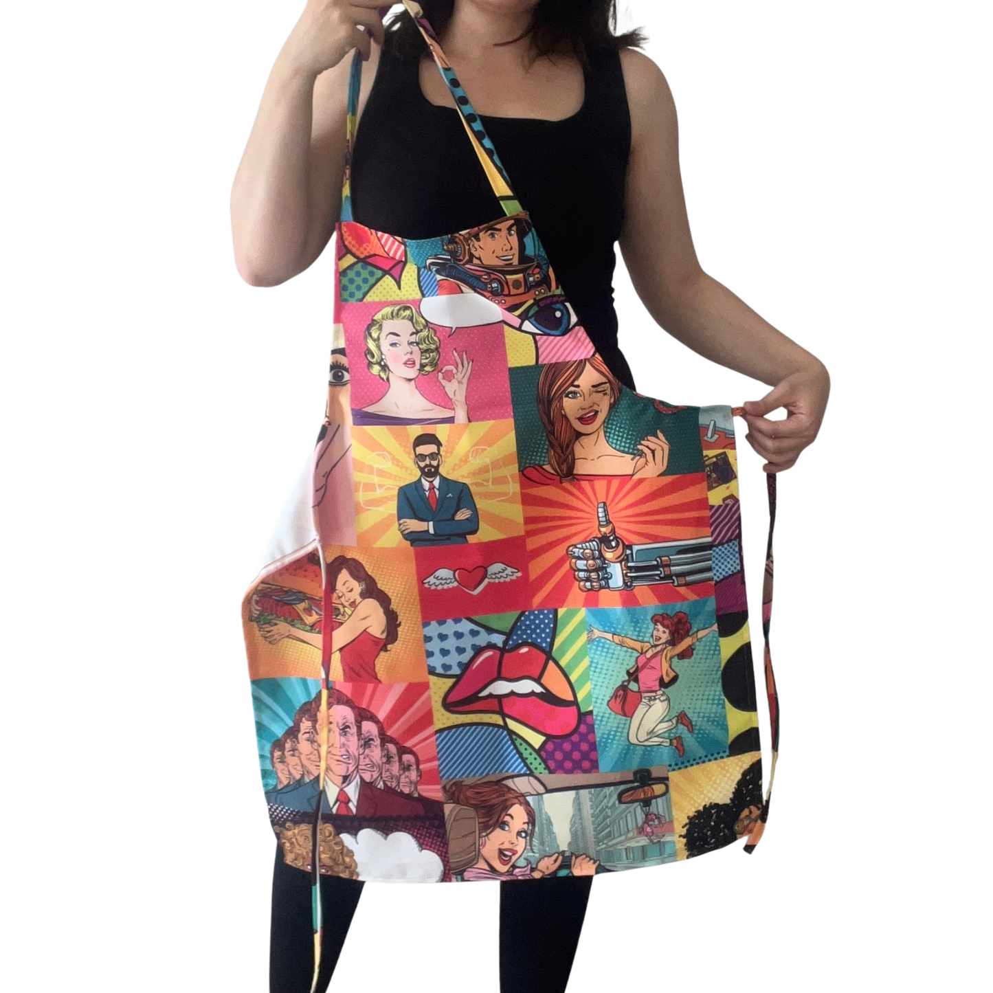Handmade Pop Art Apron – Colorful Comic Style Kitchen Apron with Retro Illustrations – Fun Gift for Cooking & Baking Lovers