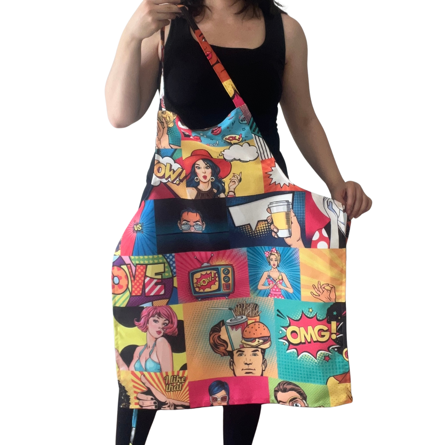 Handmade Pop Art Kitchen Apron – Colorful Comic Print Cooking Apron, Fun Food & Lifestyle Pattern, Unique Gift for Chefs & Home Cooks