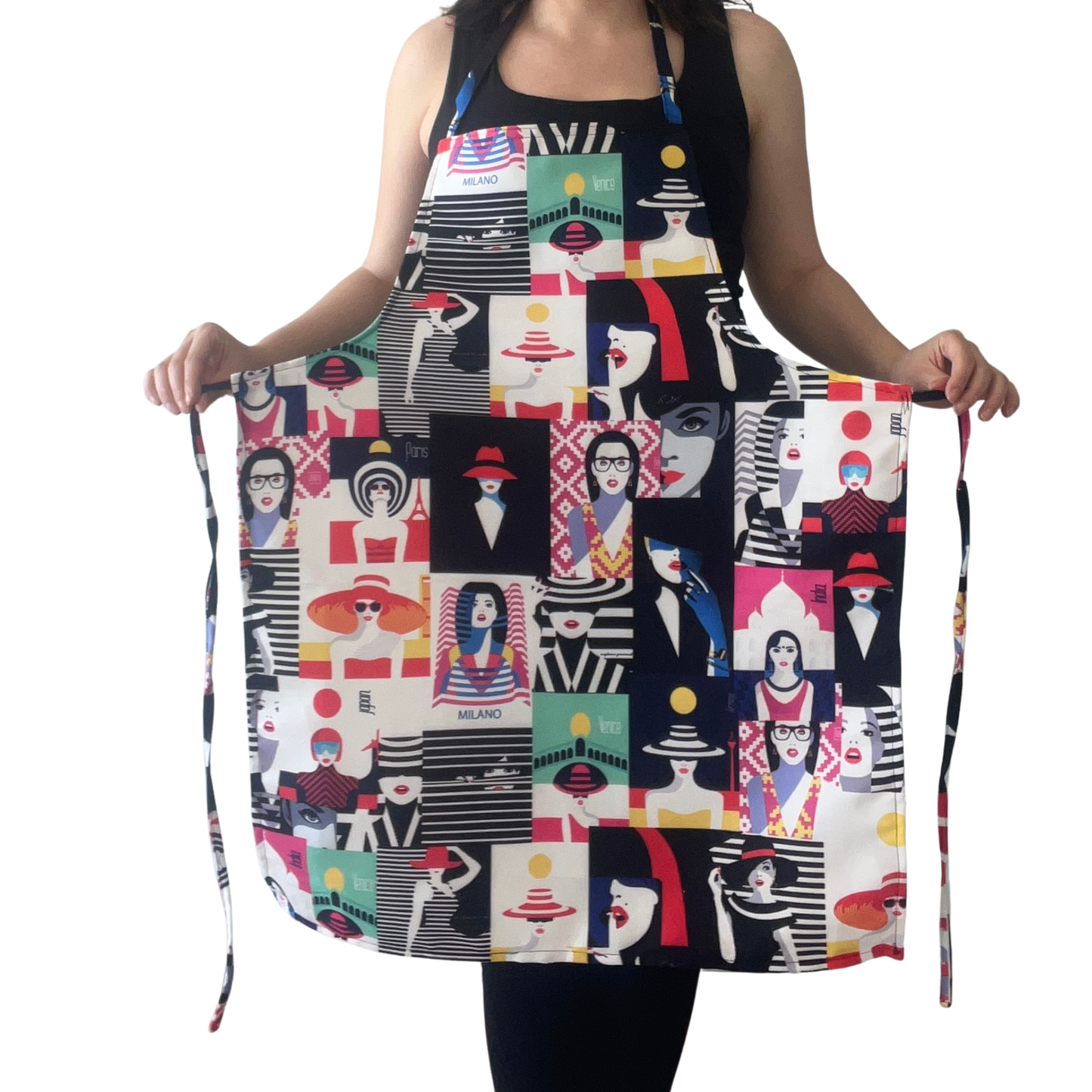 Pop Art Women Illustration Apron – Colorful Full-Length Kitchen Apron, Handmade Cooking Gift for Women & Chefs