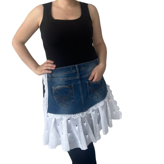 Upcycled Denim Half Apron with Lace Trim – Handmade Kitchen Apron