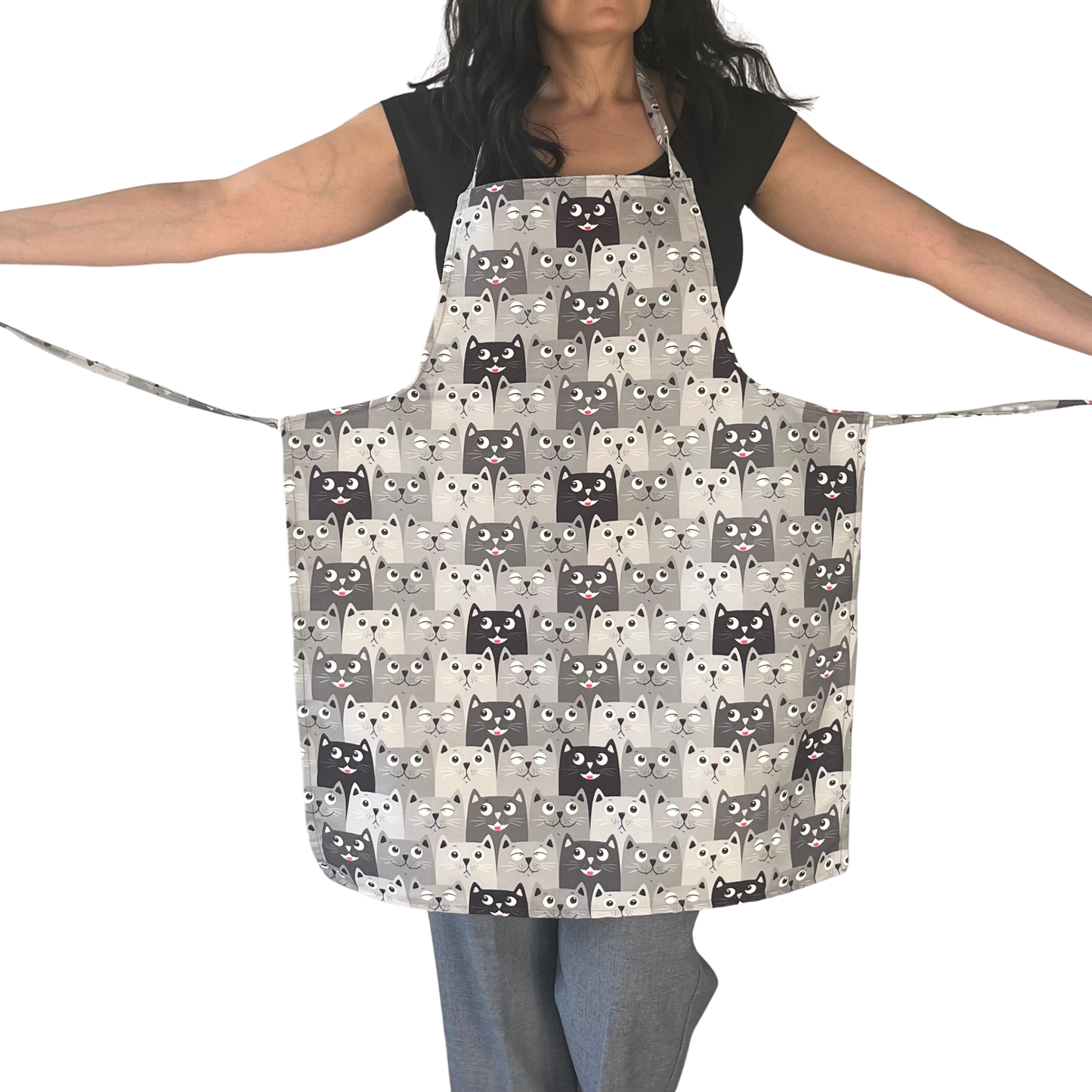 Handmade Cat Print Apron – Cute Grey, Black & White Cat Face Kitchen Apron for Cooking & Crafting