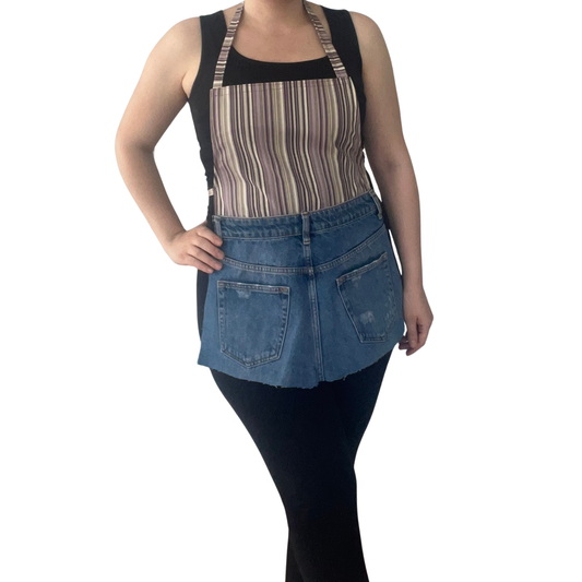 Upcycled Denim & Striped Apron – Handmade Kitchen & Craft Apron