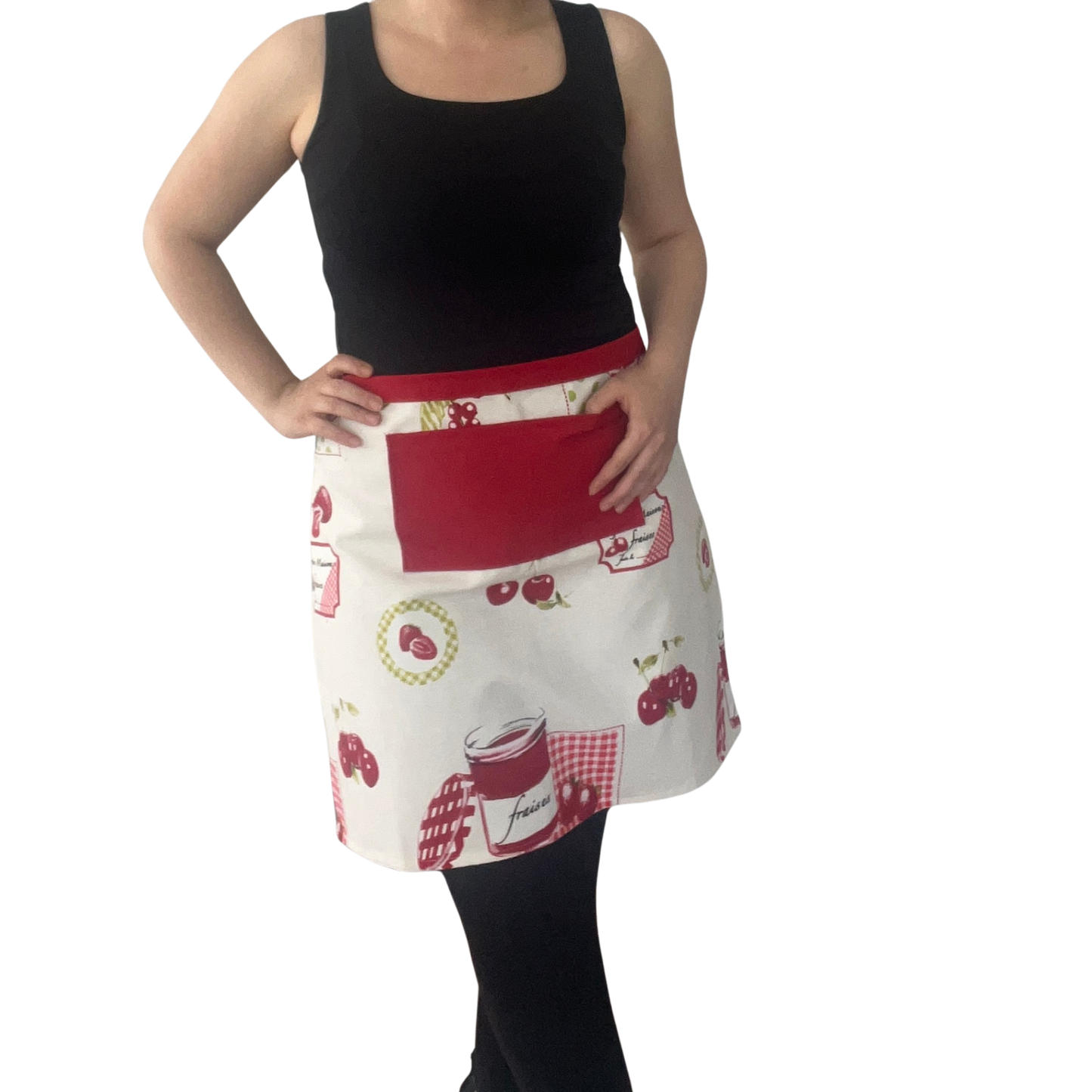 Handmade Cherry Print Half Apron – Red Pocket Kitchen Waist Apron, Water-Resistant Baking & Cooking Gift