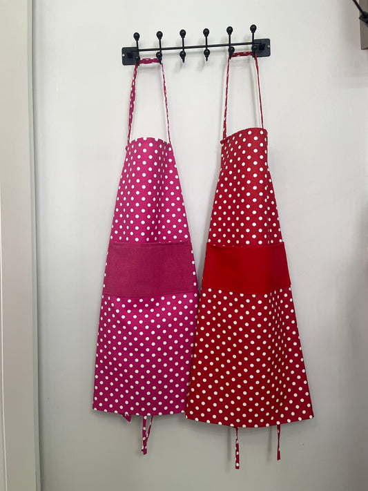 Handmade Polka Dot Apron – Red or Pink | Water-Repellent & Stain-Resistant