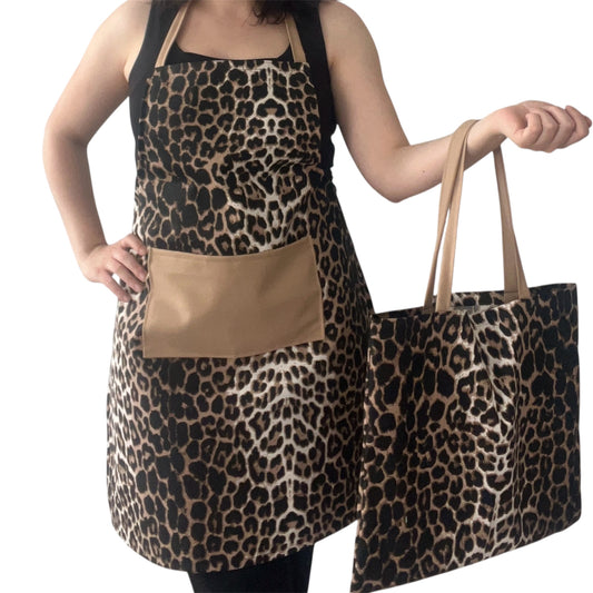 Handmade Leopard Print Apron – Optional Matching Tote | Water-Repellent & Stain-Resistant
