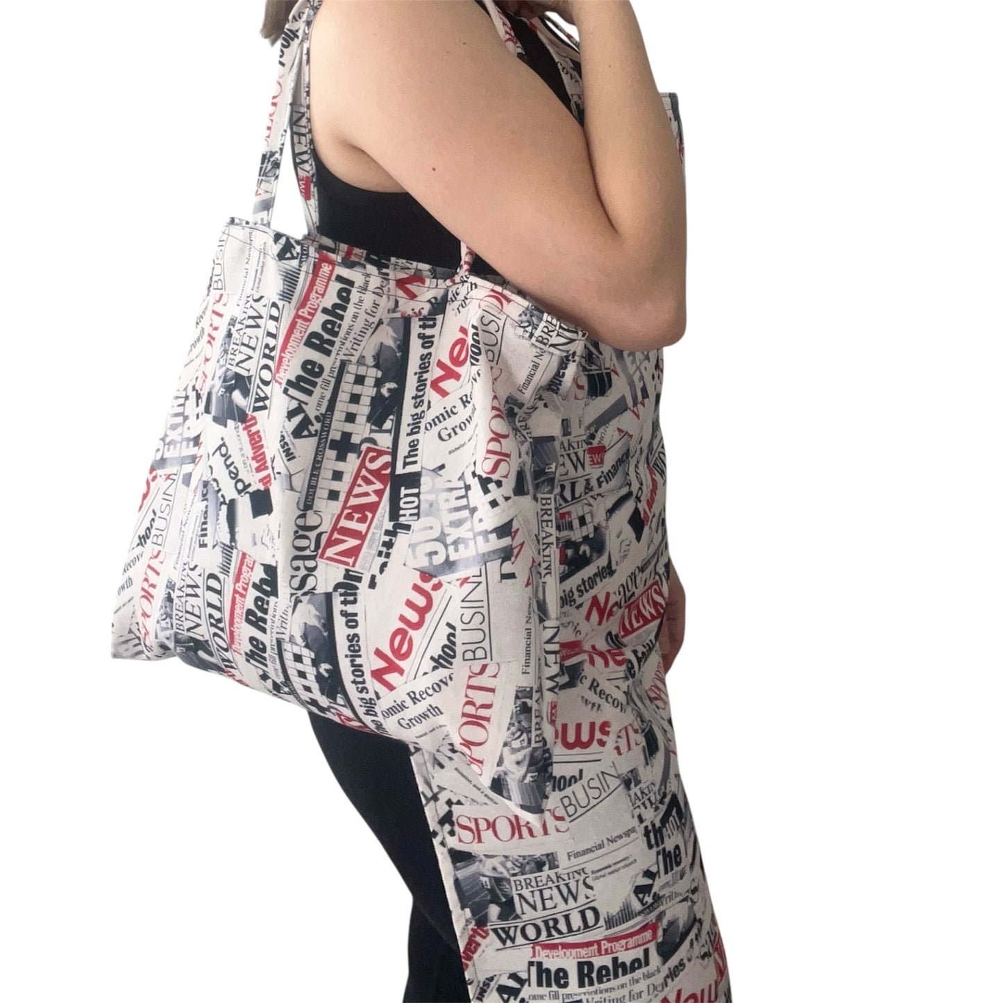 Handmade Newspaper Print Apron & Tote Bag Set – Bold Red, Black & White Headline Design, Lightweight, Washable, Unique Gift Idea