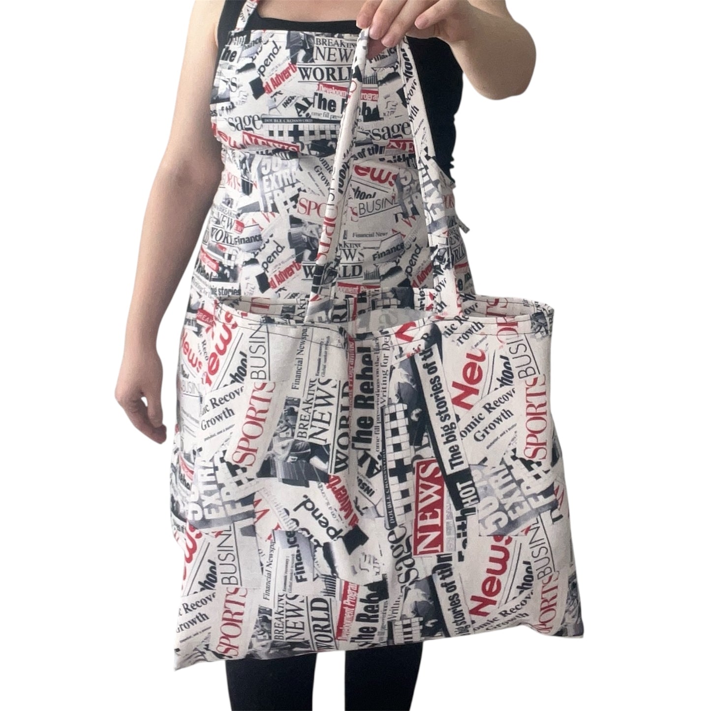 Handmade Newspaper Print Apron & Tote Bag Set – Bold Red, Black & White Headline Design, Lightweight, Washable, Unique Gift Idea