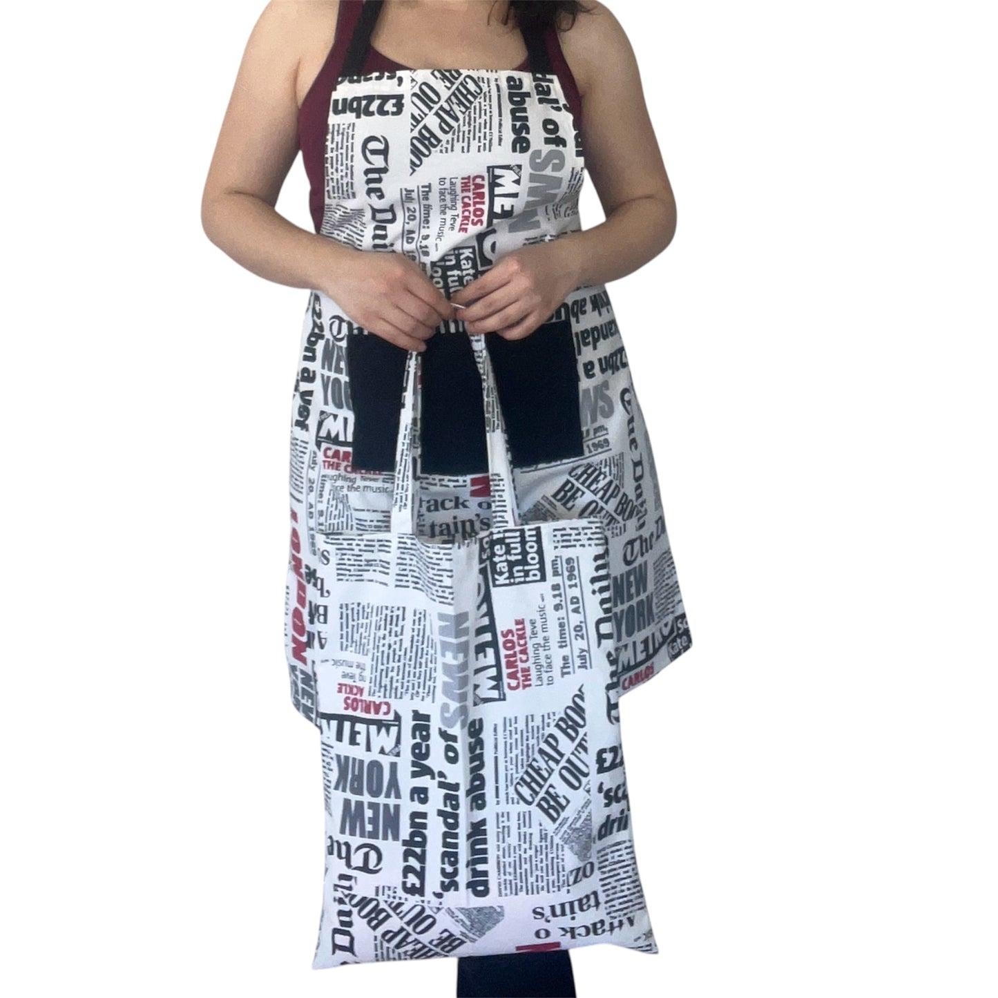 Handmade Newspaper Print Apron – Optional Matching Tote | Water-Repellent, Stain-Resistant