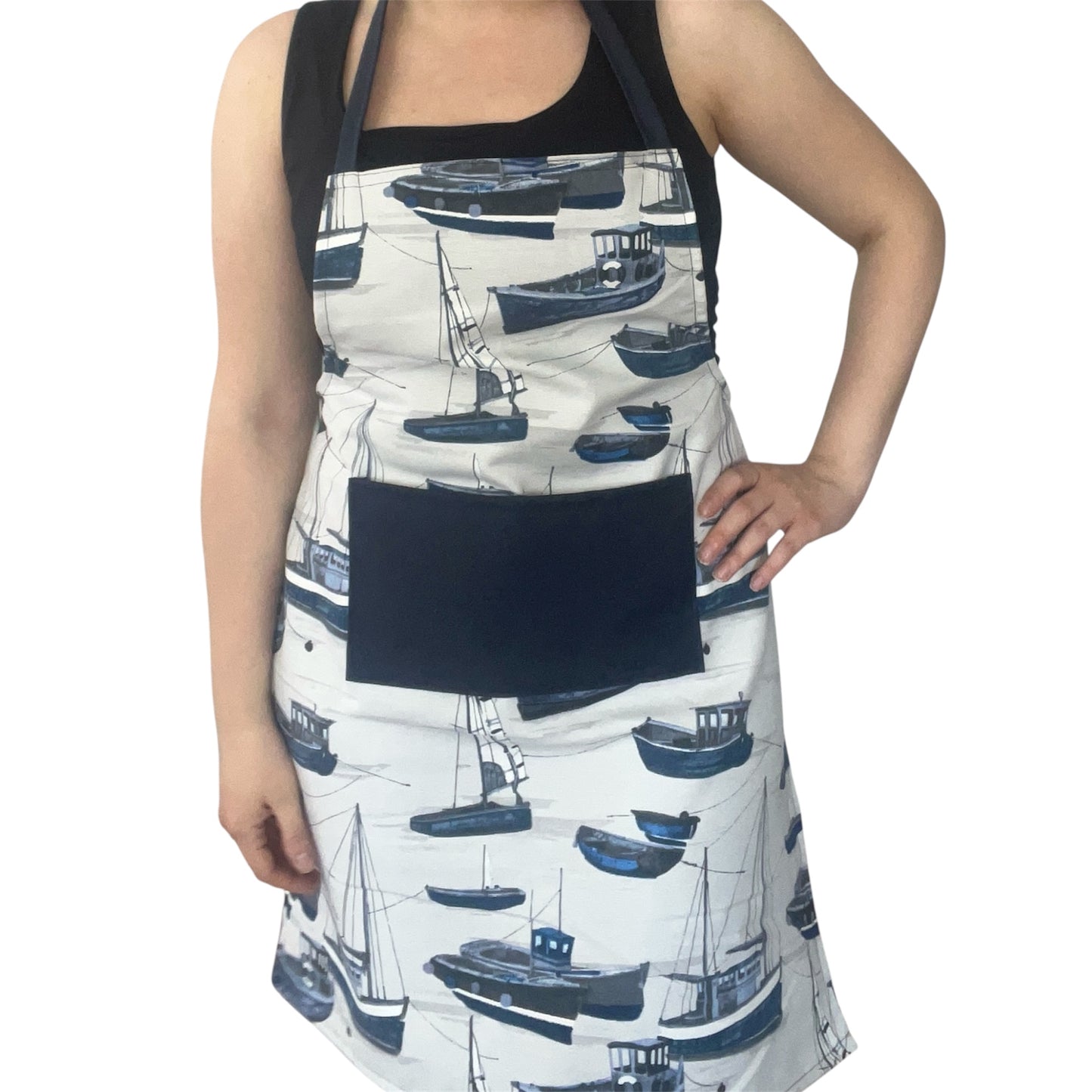 Handmade Nautical Apron & Matching Bread Bag Set – Navy Boat Print