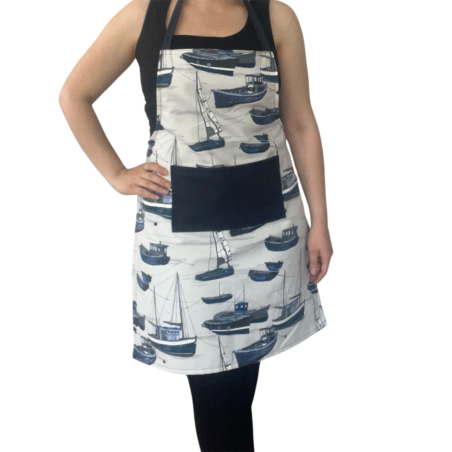 Handmade Nautical Apron & Matching Bread Bag Set – Navy Boat Print