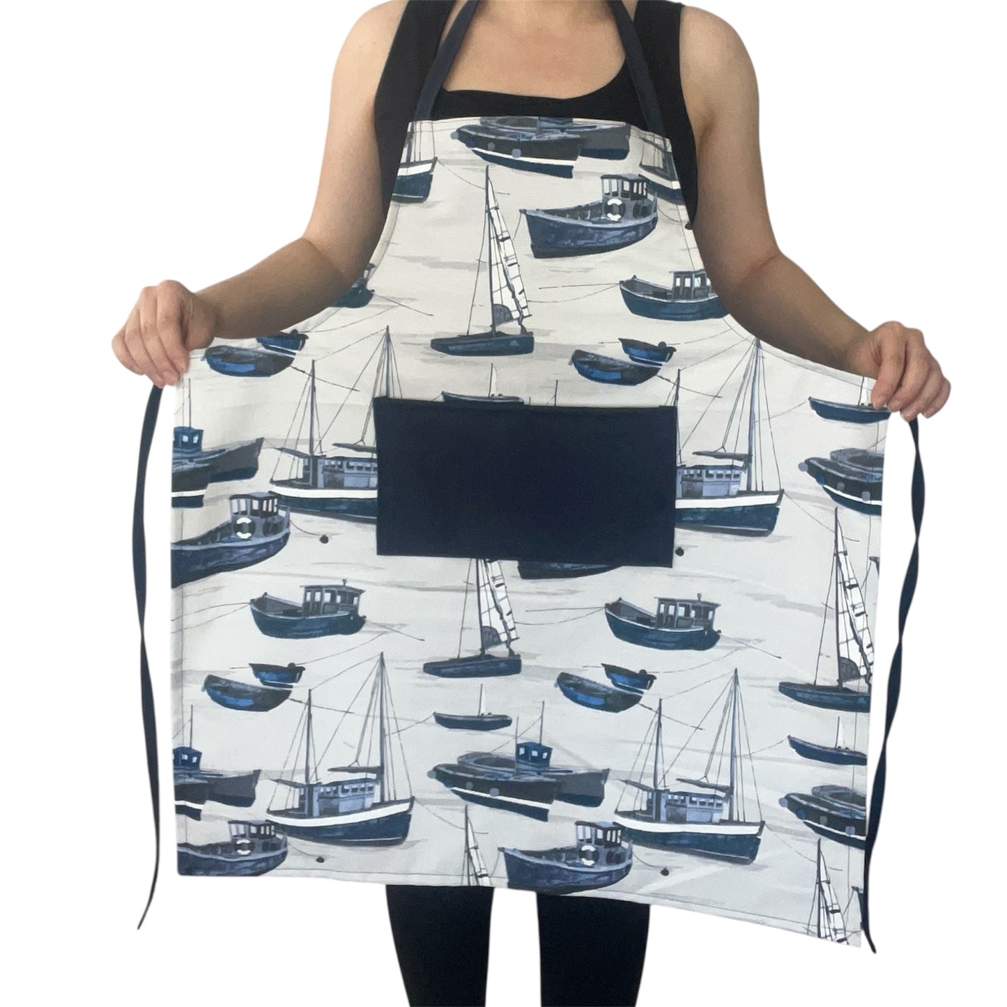 Handmade Nautical Apron & Matching Bread Bag Set – Navy Boat Print