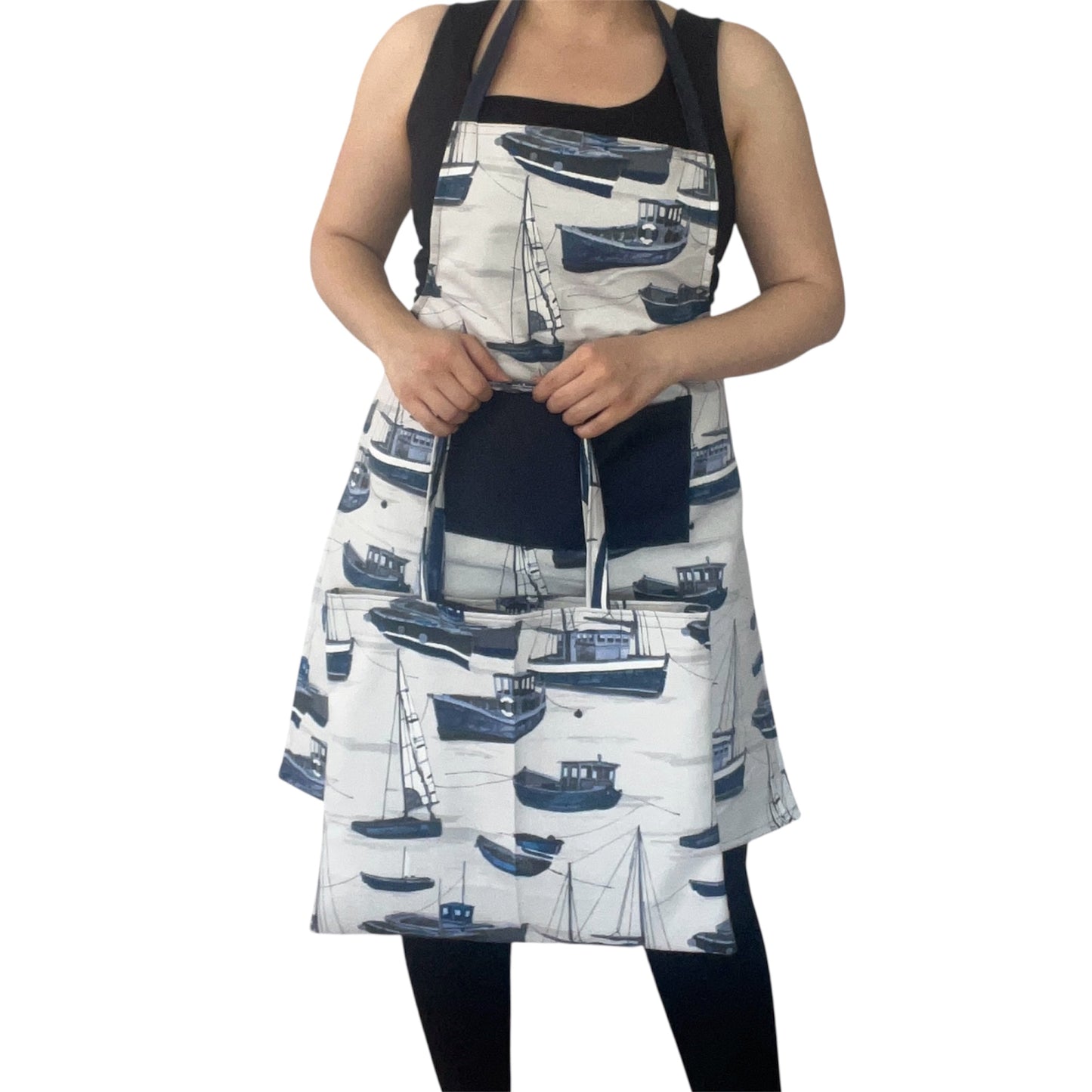 Handmade Nautical Apron & Matching Bread Bag Set – Navy Boat Print