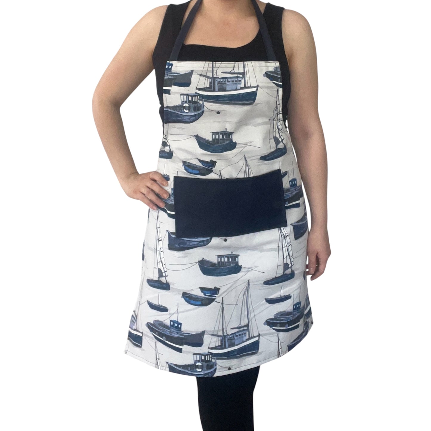 Handmade Nautical Apron & Matching Bread Bag Set – Navy Boat Print