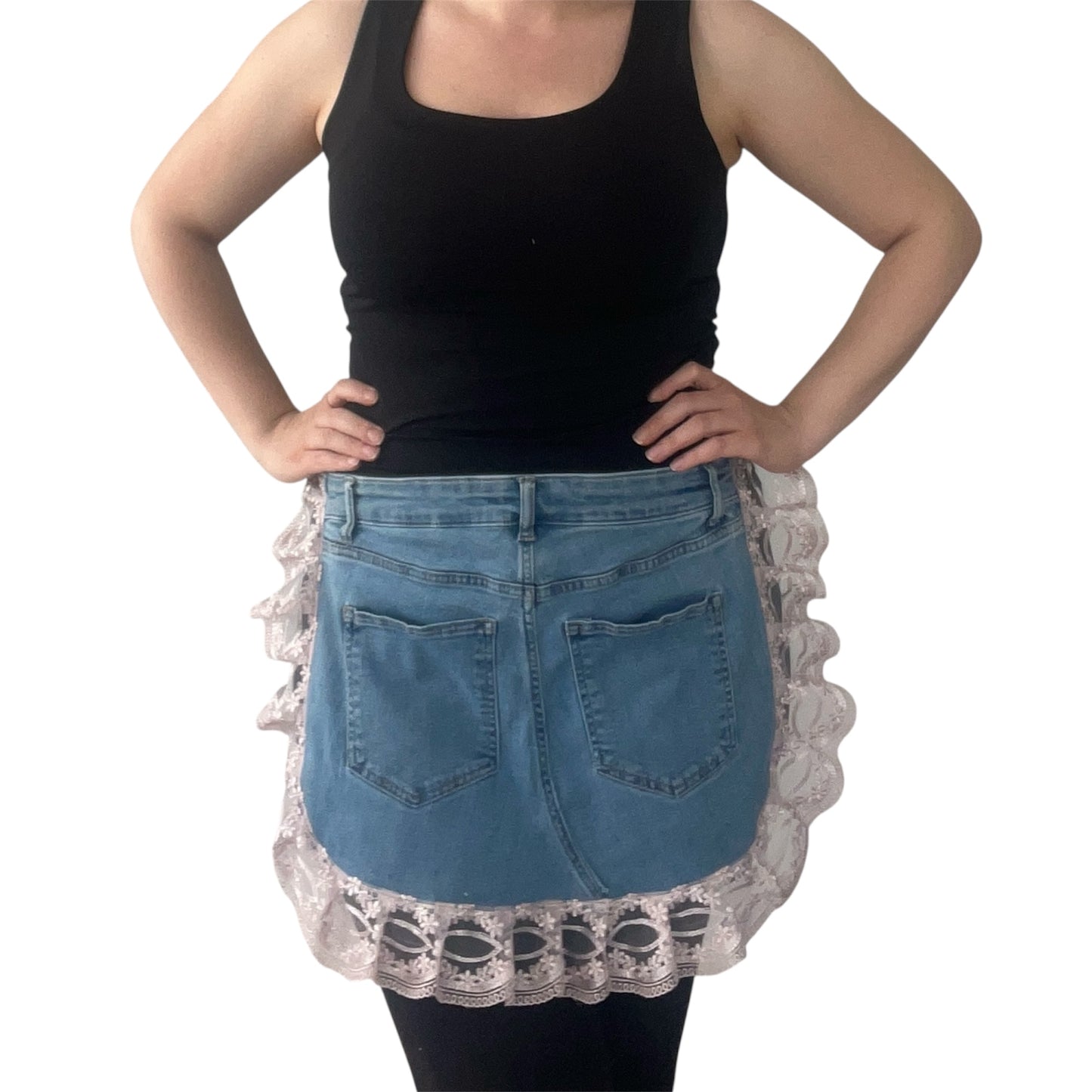 Upcycled Denim Half Apron with Lace Trim – Handmade Jean Waist Apron with Pockets