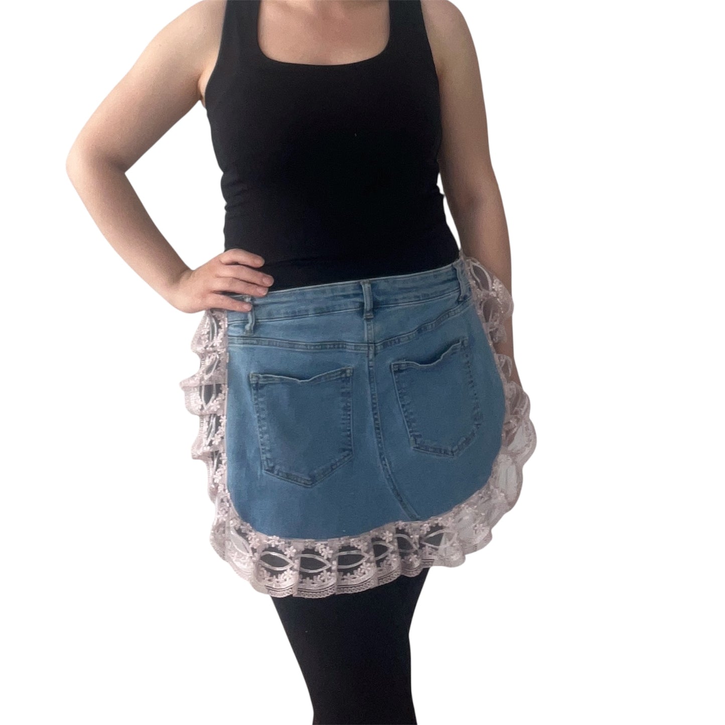 Upcycled Denim Half Apron with Lace Trim – Handmade Jean Waist Apron with Pockets