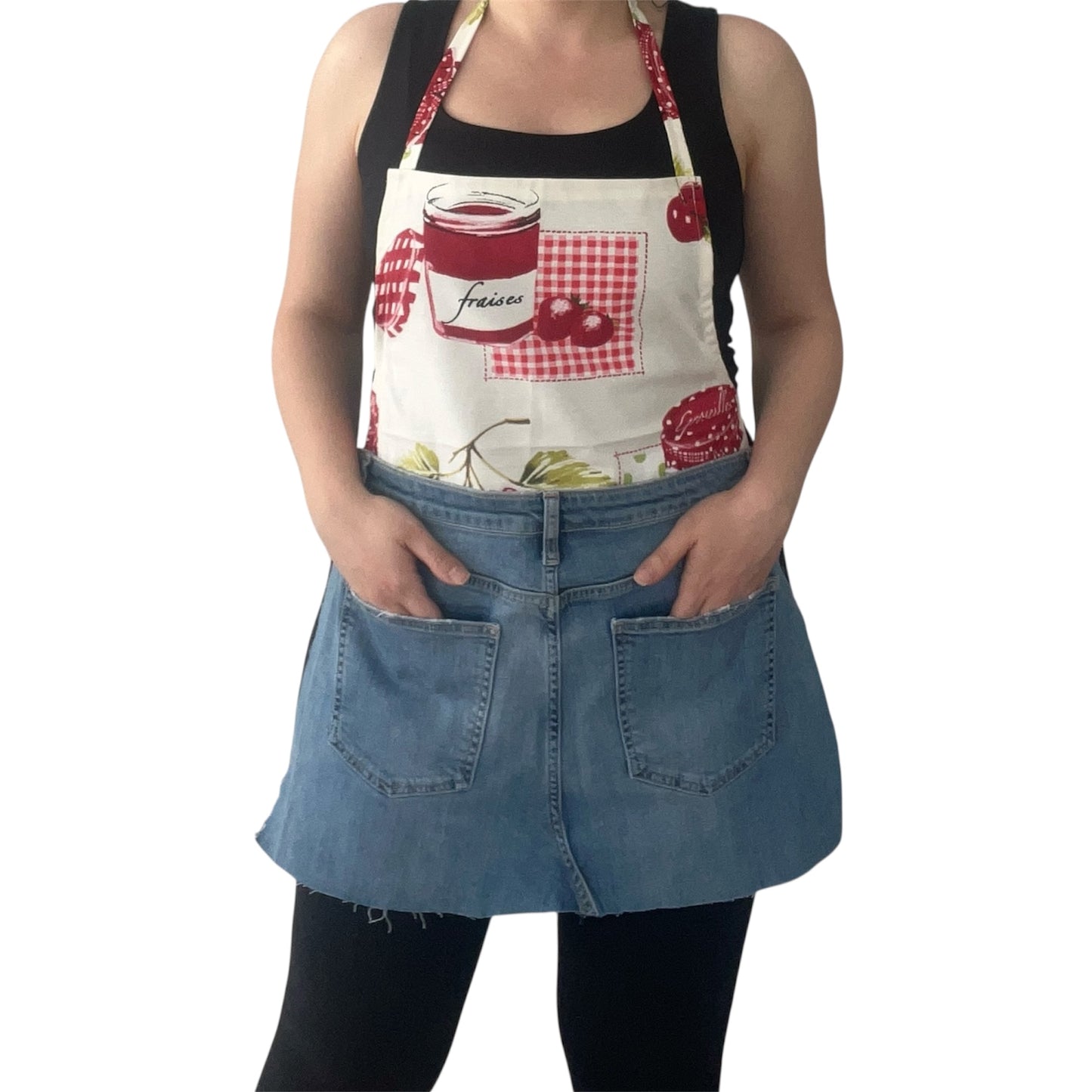 Handmade Strawberry Jam Print Full Apron with Upcycled Denim Half Apron – Rustic Kitchen Style