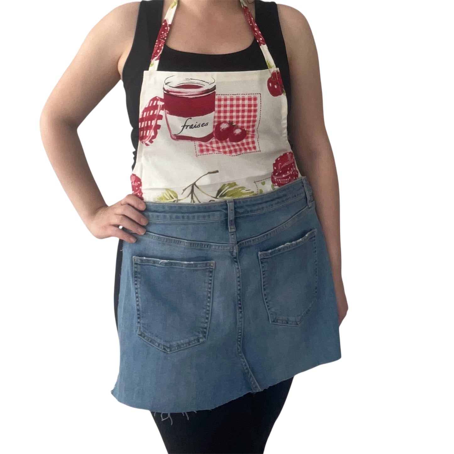 Handmade Strawberry Jam Print Full Apron with Upcycled Denim Half Apron – Rustic Kitchen Style