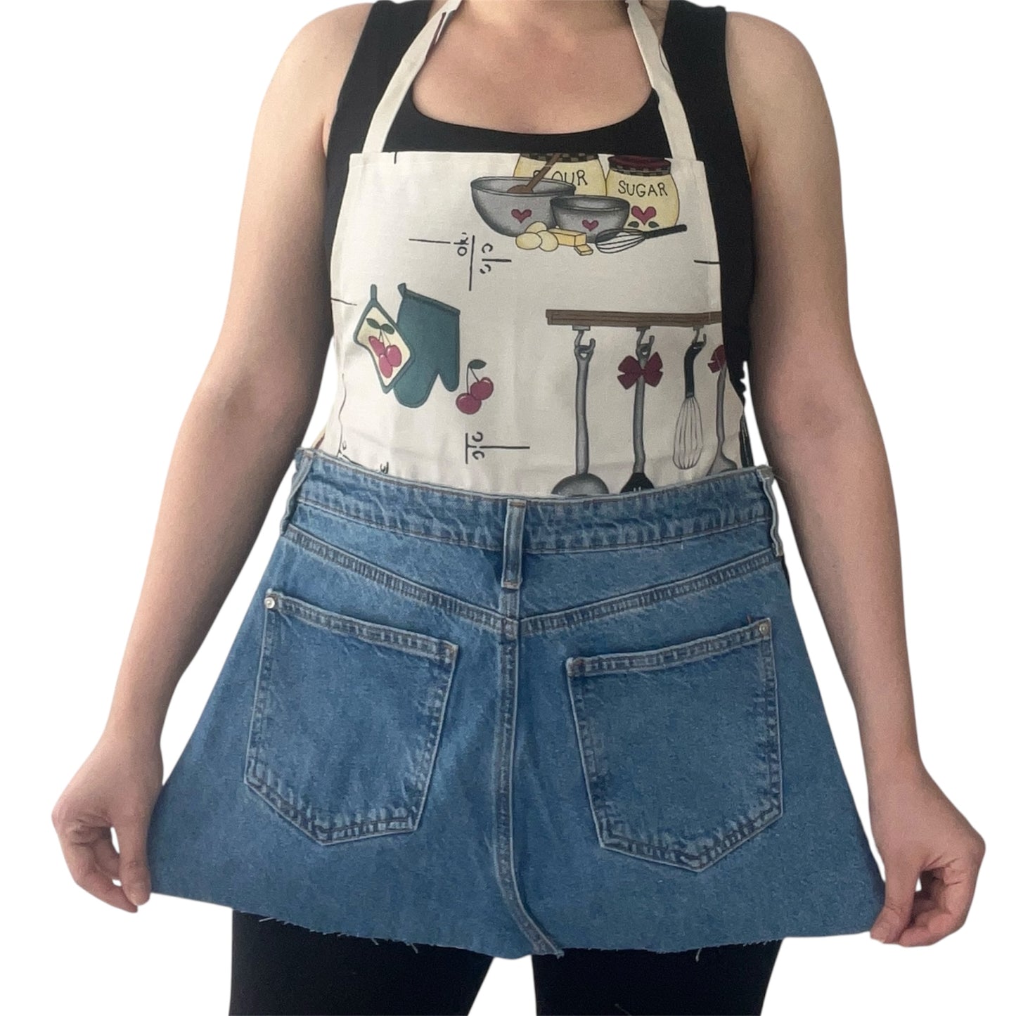 Handmade Denim Kitchen Apron – Upcycled Jeans Cooking Apron with Illustrated Print