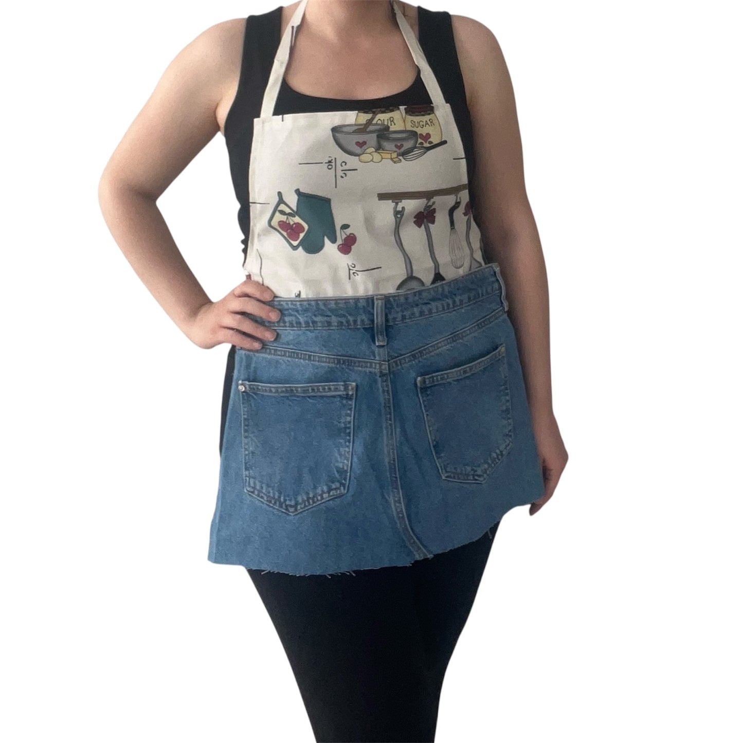 Handmade Denim Kitchen Apron – Upcycled Jeans Cooking Apron with Illustrated Print
