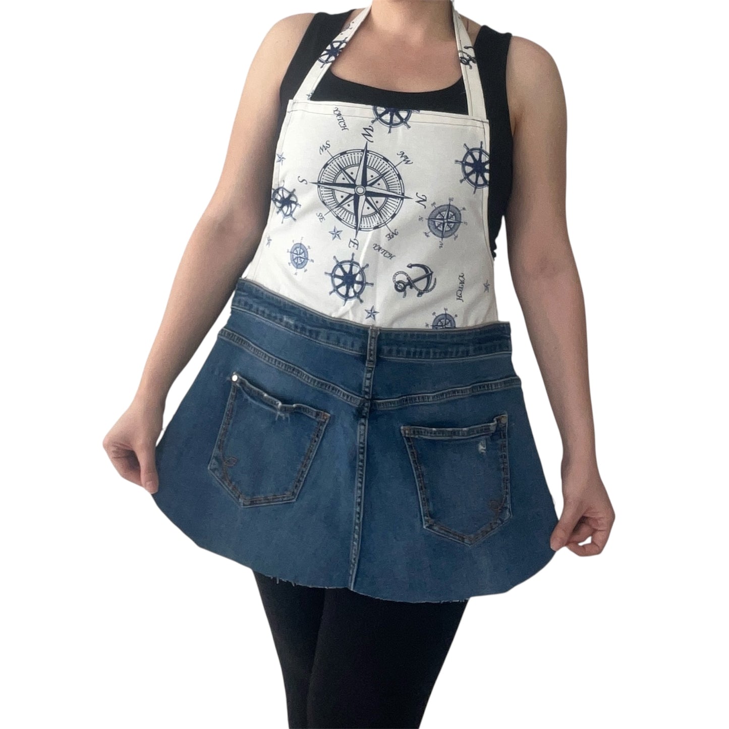 Handmade Nautical Compass Apron – Upcycled Denim Kitchen Apron