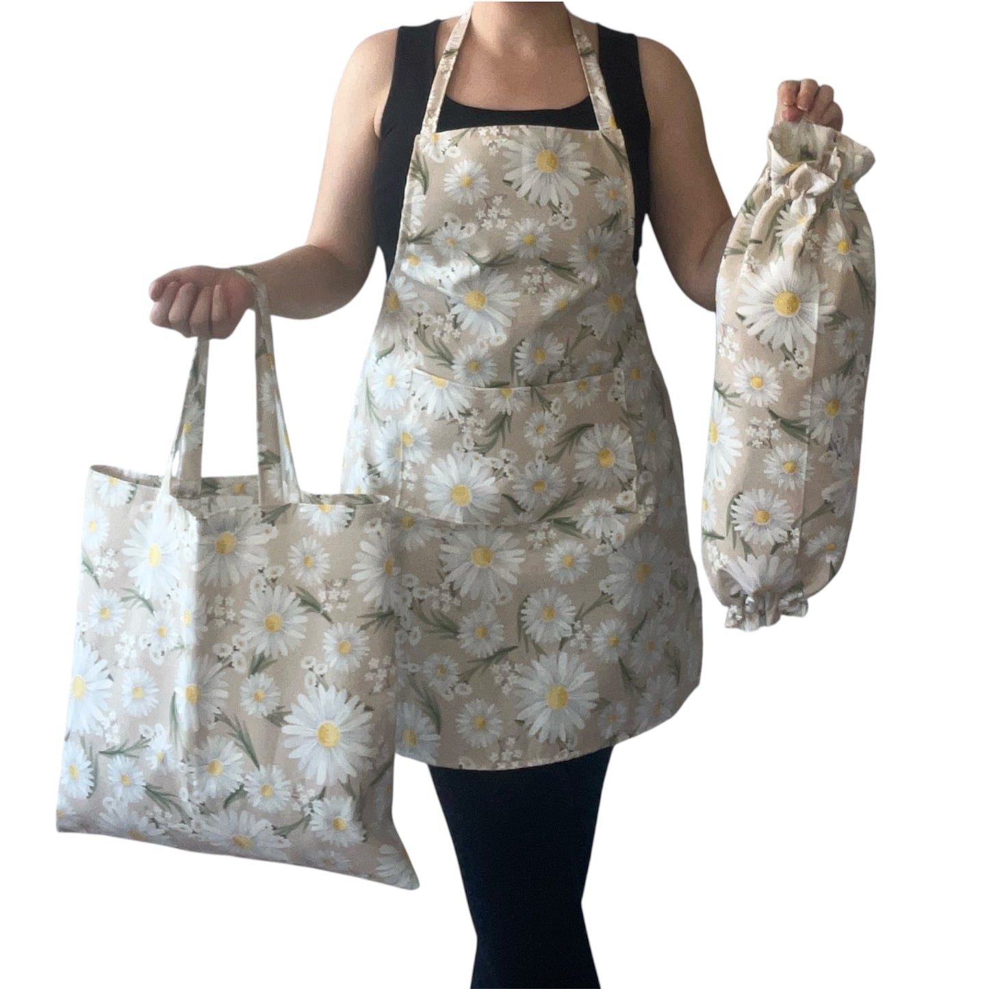 Handmade Daisy Apron Set | Water-Resistant Floral Kitchen Apron with Tote & Grocery Bag