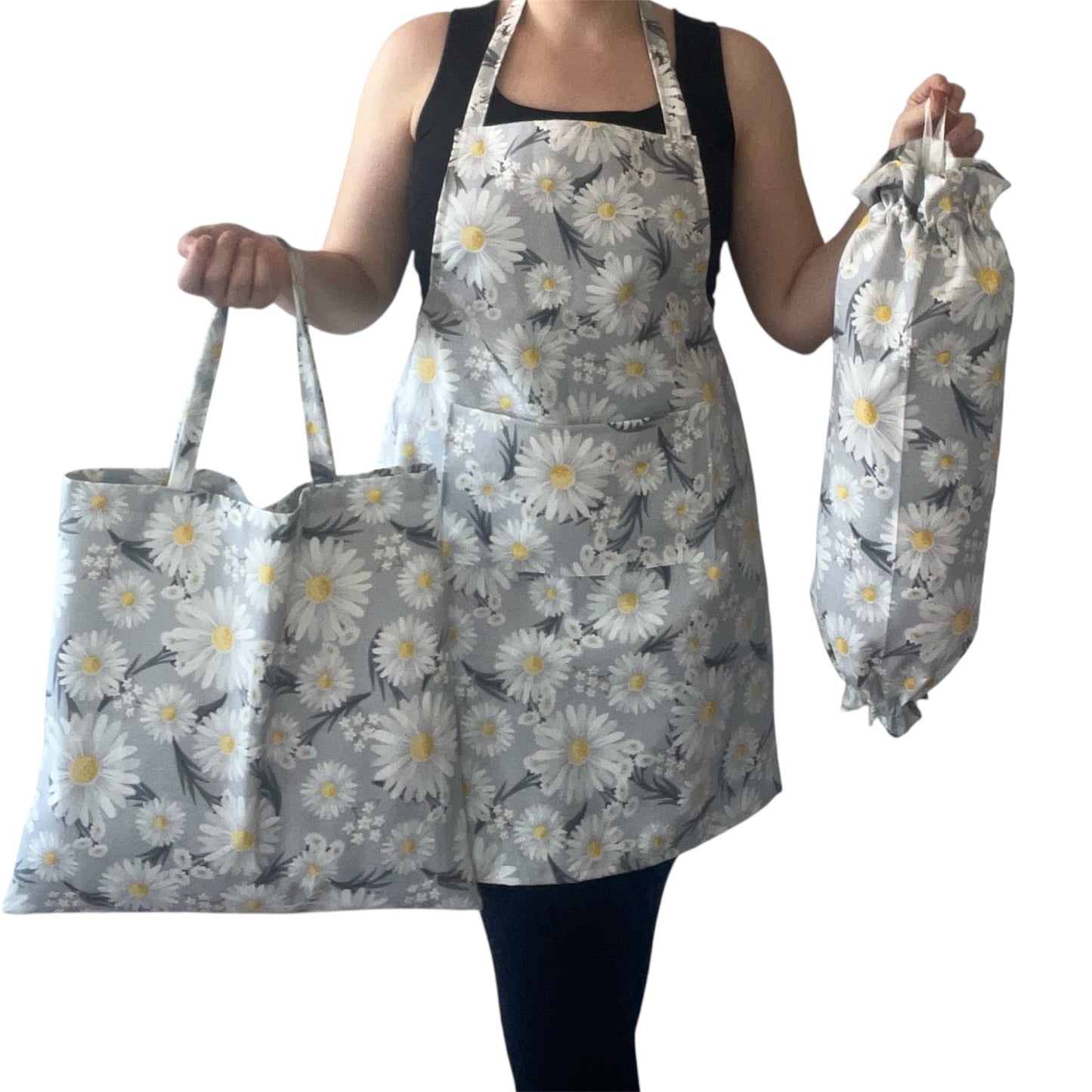 Handmade Daisy Apron Set | Water-Resistant Floral Kitchen Apron with Tote & Grocery Bag