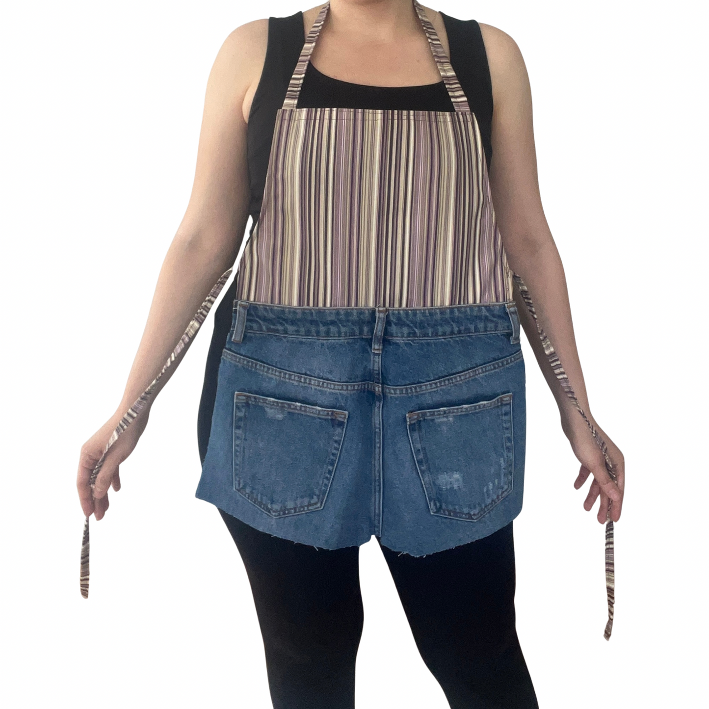 Upcycled Denim & Striped Apron – Handmade Kitchen & Craft Apron