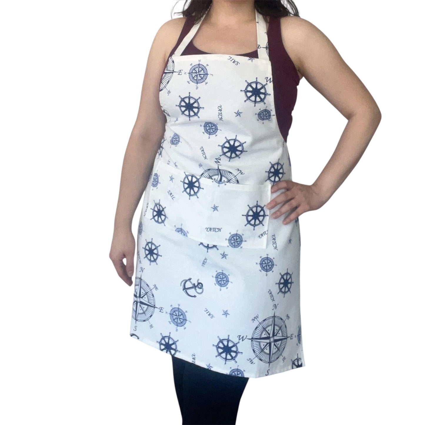 Handmade Nautical Apron – Compass & Ship Wheel Pattern | Water-Repellent, Stain-Resistant, Coastal Kitchen Gift