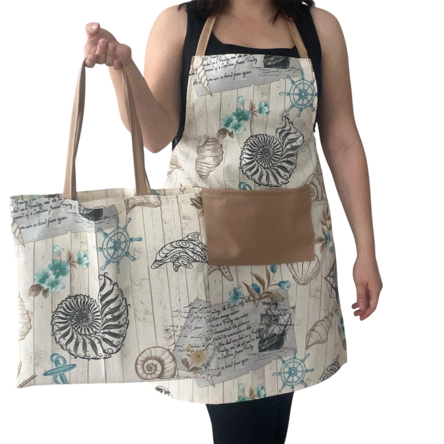 Nautical Apron with Beige Pocket & Tote Bag | Handmade Water-Repellent Cotton Blend Kitchen Set – Coastal Ships & Anchors Design