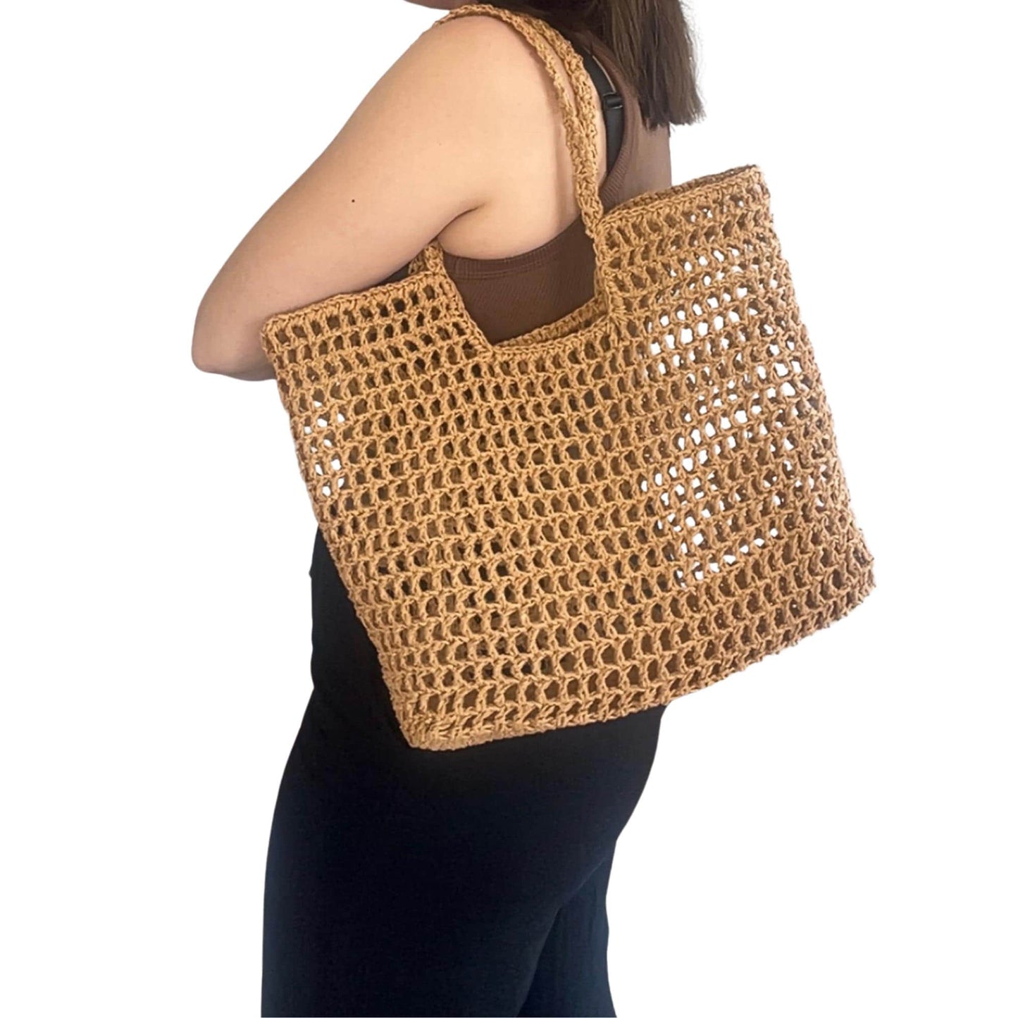 Handmade Crochet Mesh Tote Bag | Natural Straw Color Paper Yarn Summer Beach & Market Bag