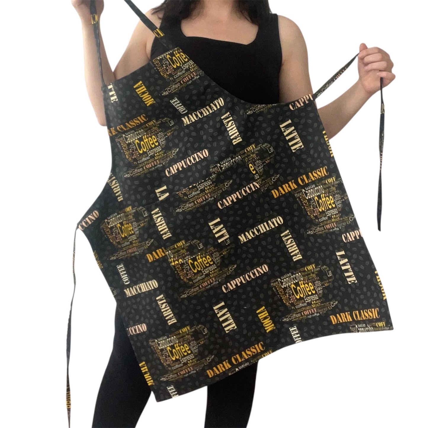 Water & Stain Resistant Coffee Print Apron | Handmade Black Kitchen Apron with Pocket