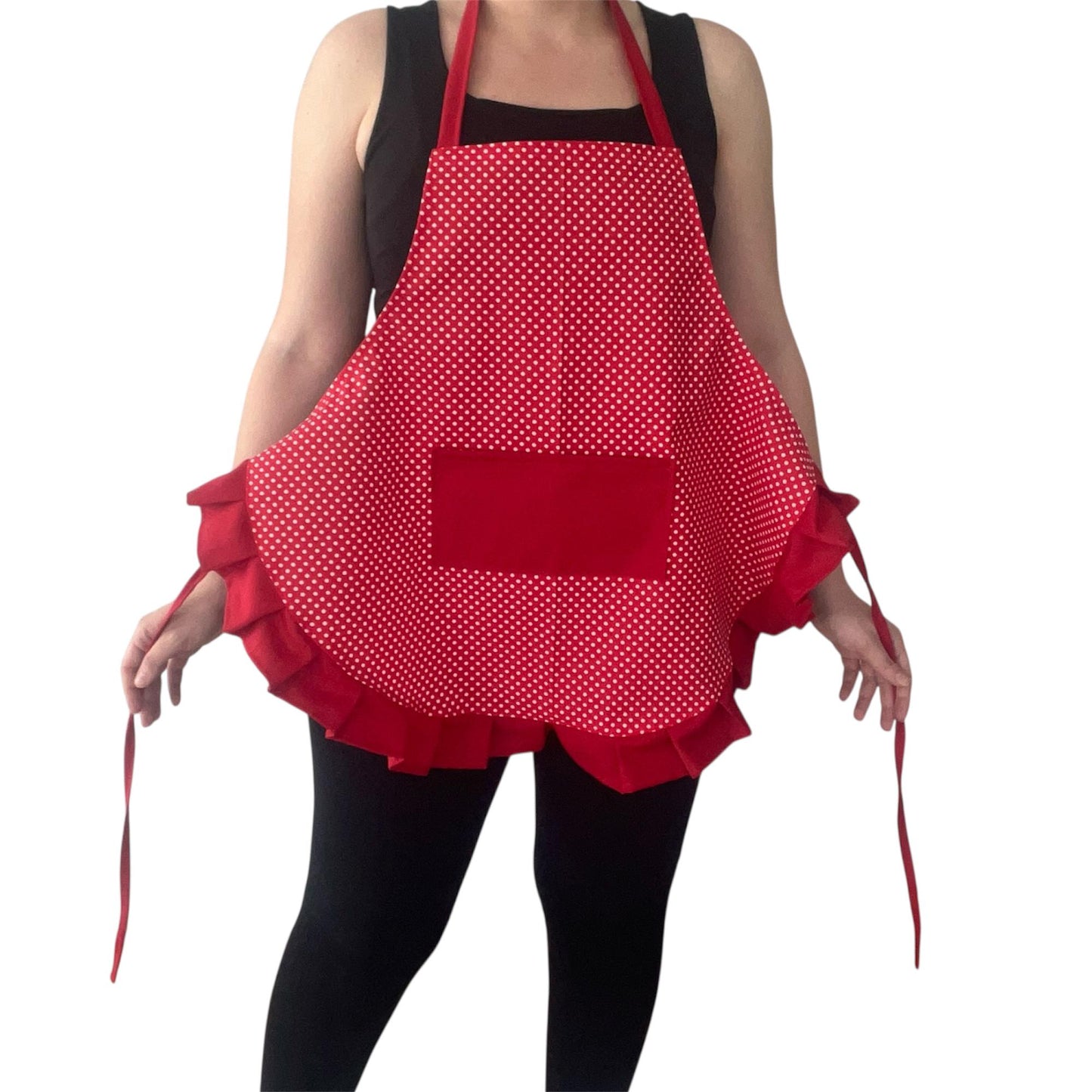 Vintage Red Polka Dot Apron with Ruffles & Pocket | Handmade Retro Water-Repellent Kitchen Cooking Apron