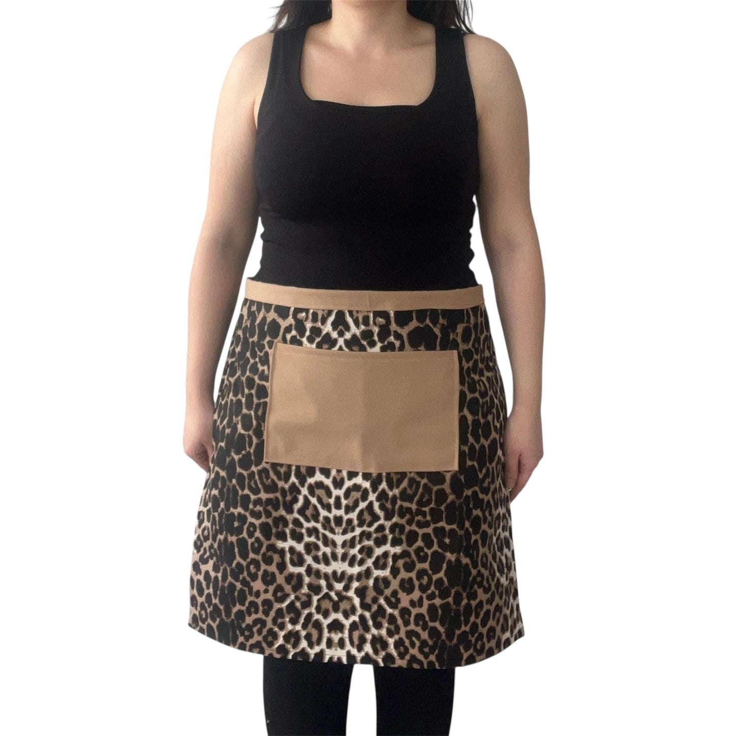 Leopard Print Half Apron with Beige Pocket | Water-Repellent Handmade Kitchen Apron