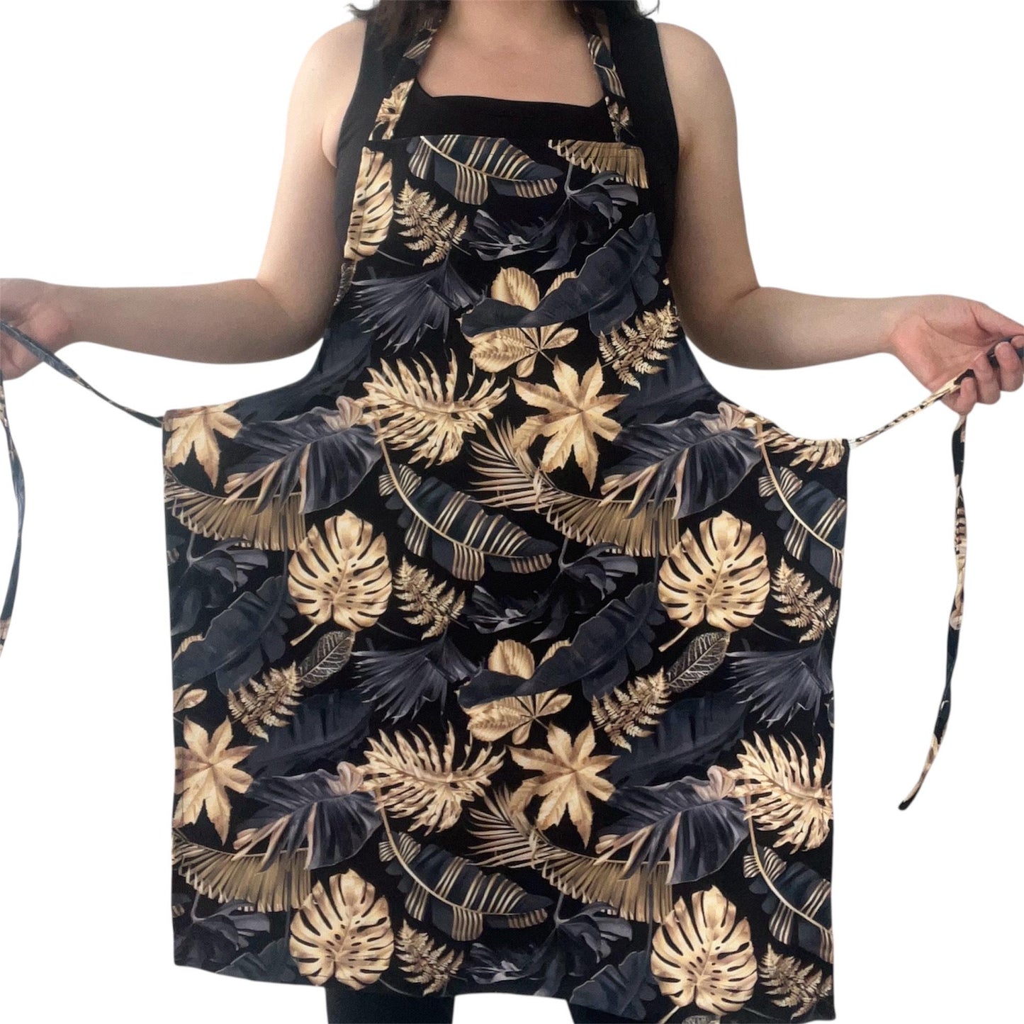 Elegant Black & Gold Tropical Leaves Apron | Handmade Botanical Kitchen Cooking & Baking Apron