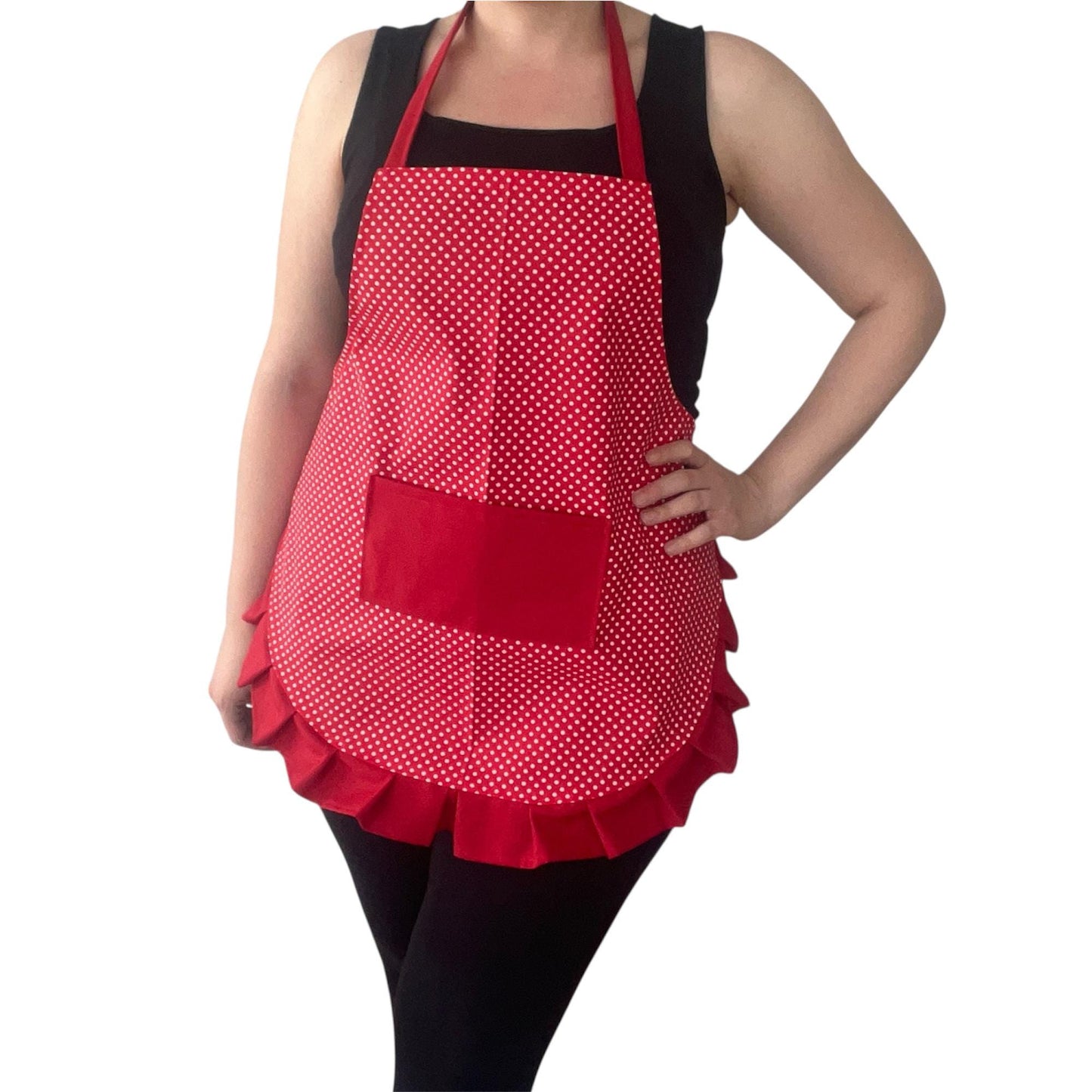 Vintage Red Polka Dot Apron with Ruffles & Pocket | Handmade Retro Water-Repellent Kitchen Cooking Apron