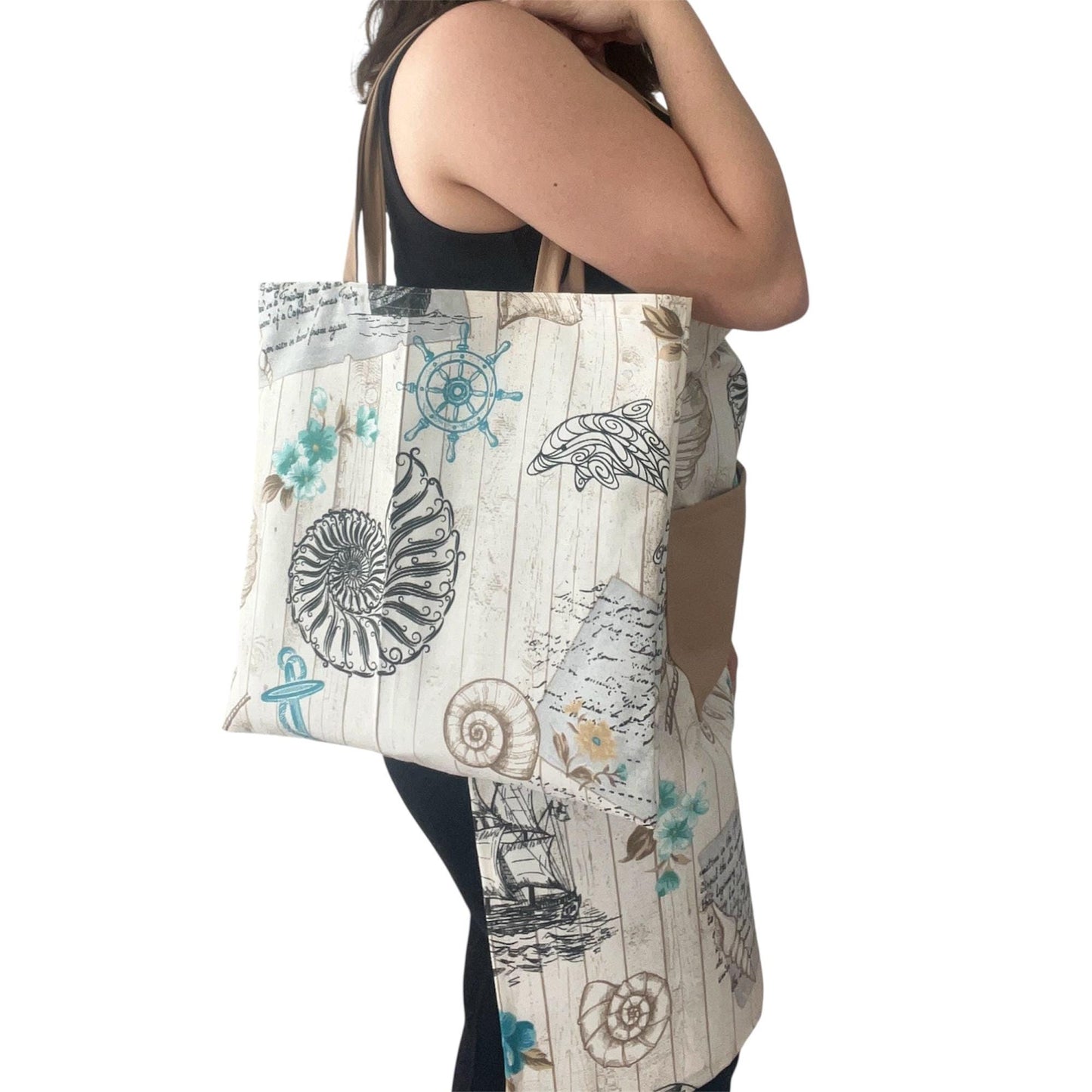 Nautical Apron with Beige Pocket & Tote Bag | Handmade Water-Repellent Cotton Blend Kitchen Set – Coastal Ships & Anchors Design