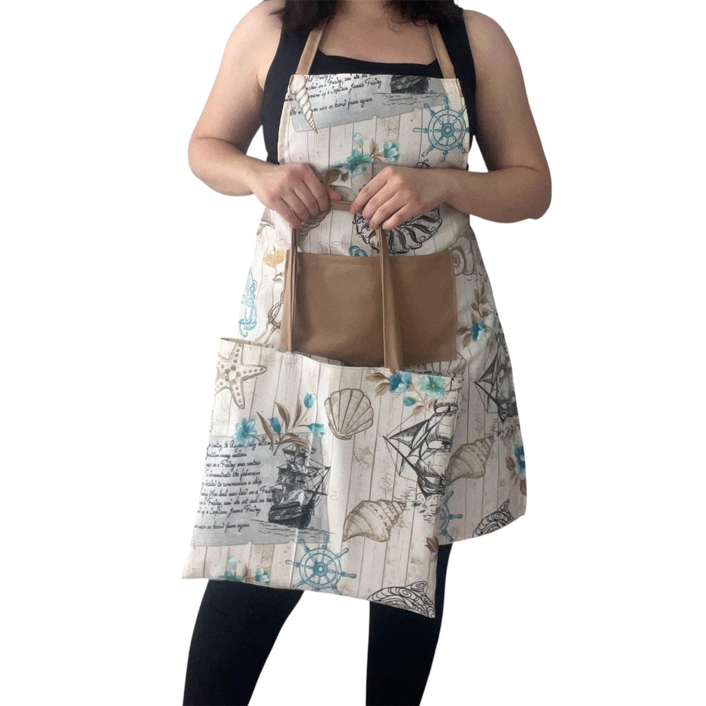 Nautical Apron with Beige Pocket & Tote Bag | Handmade Water-Repellent Cotton Blend Kitchen Set – Coastal Ships & Anchors Design