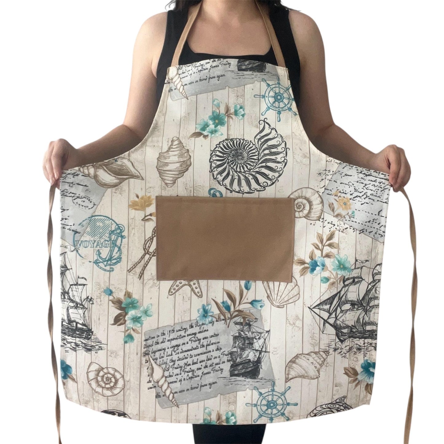 Nautical Apron with Beige Pocket & Tote Bag | Handmade Water-Repellent Cotton Blend Kitchen Set – Coastal Ships & Anchors Design