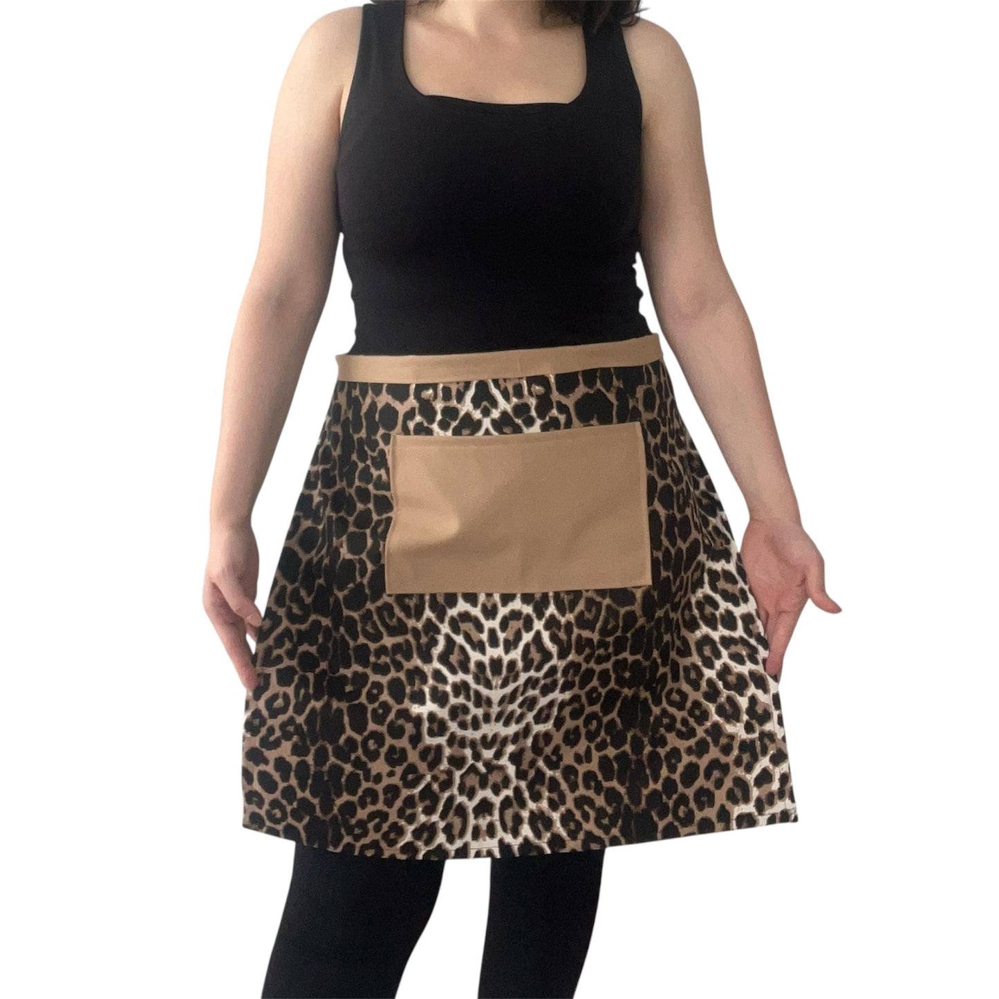 Leopard Print Half Apron with Beige Pocket | Water-Repellent Handmade Kitchen Apron