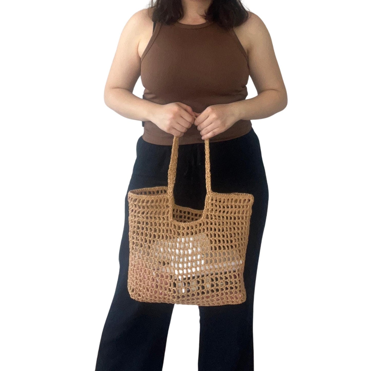 Handmade Crochet Mesh Tote Bag | Natural Straw Color Paper Yarn Summer Beach & Market Bag