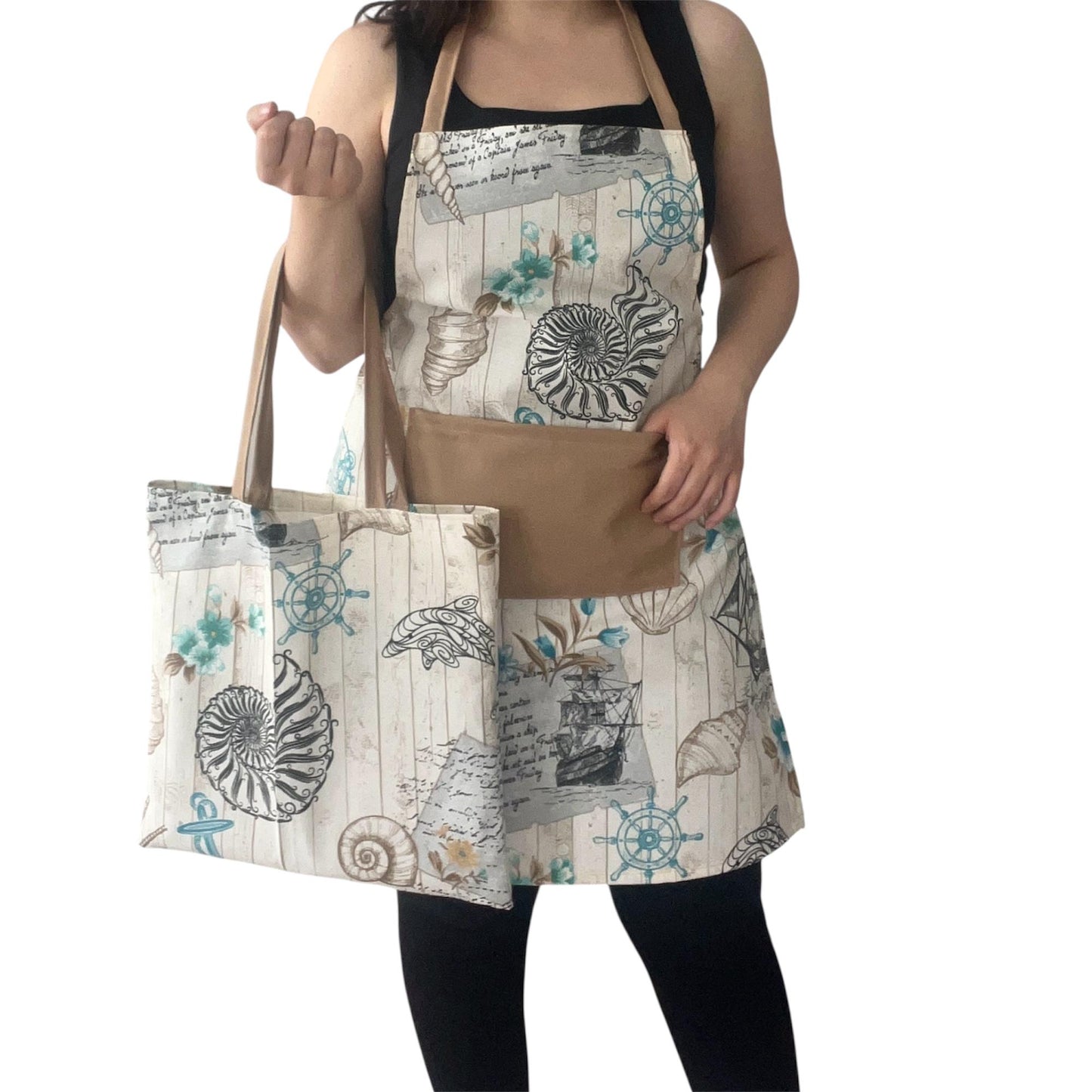 Nautical Apron with Beige Pocket & Tote Bag | Handmade Water-Repellent Cotton Blend Kitchen Set – Coastal Ships & Anchors Design