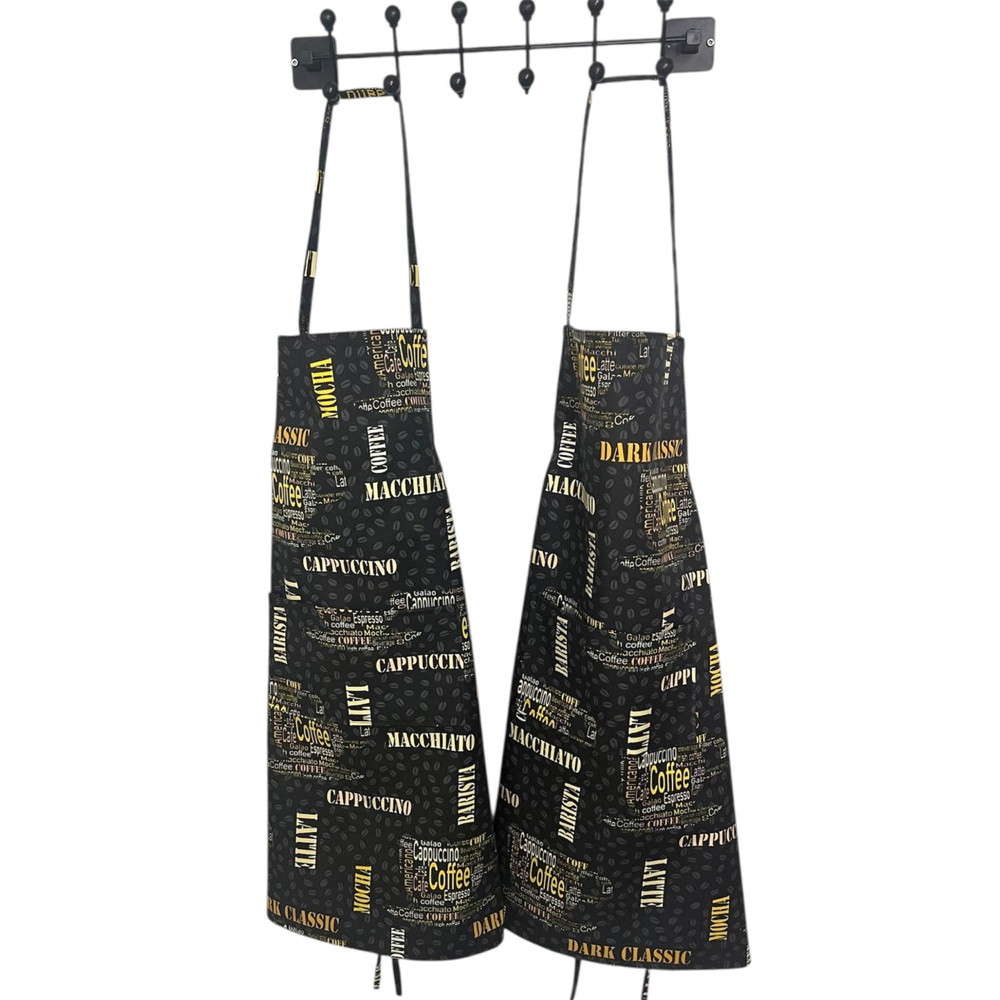 Water & Stain Resistant Coffee Print Apron | Handmade Black Kitchen Apron with Pocket