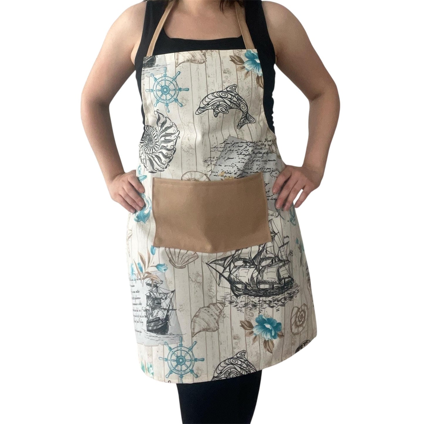 Nautical Print Full Apron with Beige Pocket | Water-Repellent Handmade Cotton Blend Kitchen Apron – Ships, Anchors & Ocean Design