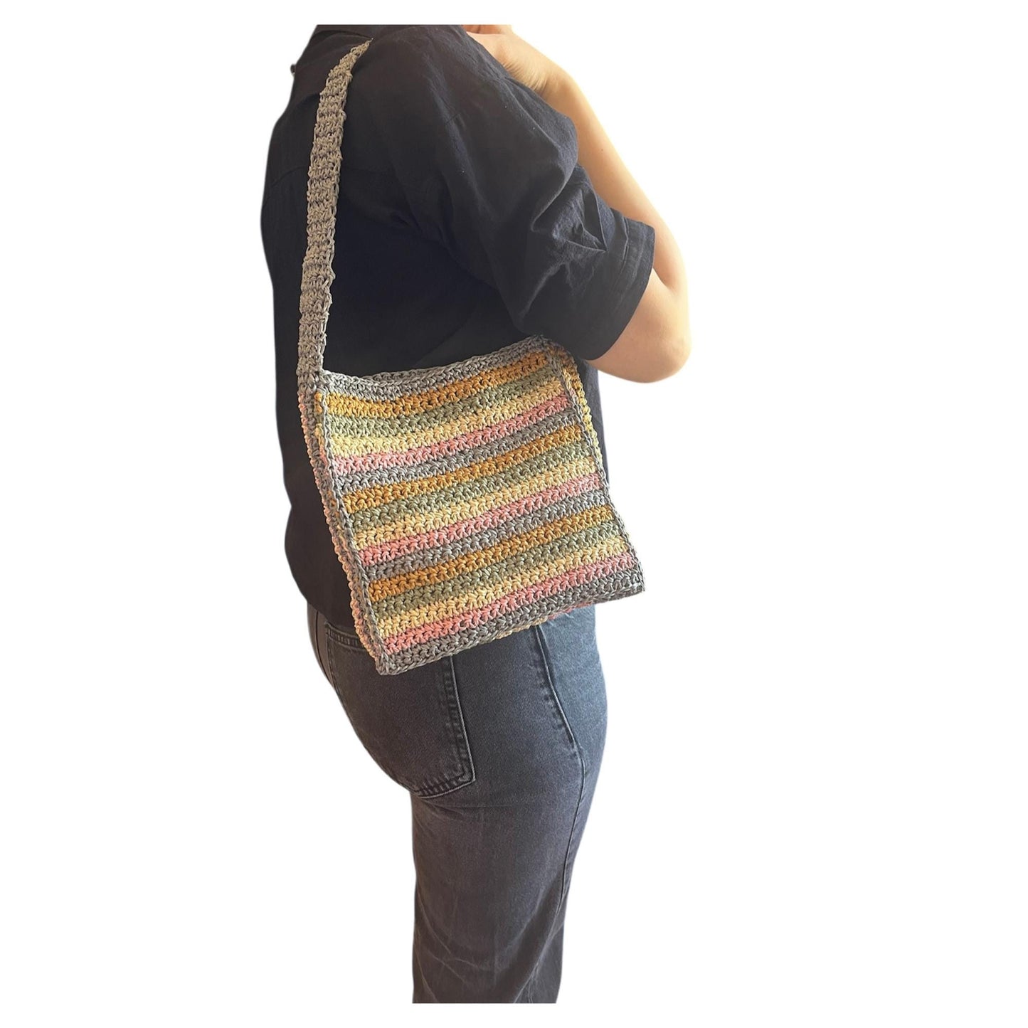 Handmade Striped Crochet Shoulder Bag – Earthy Pastel Boho Crossbody Purse