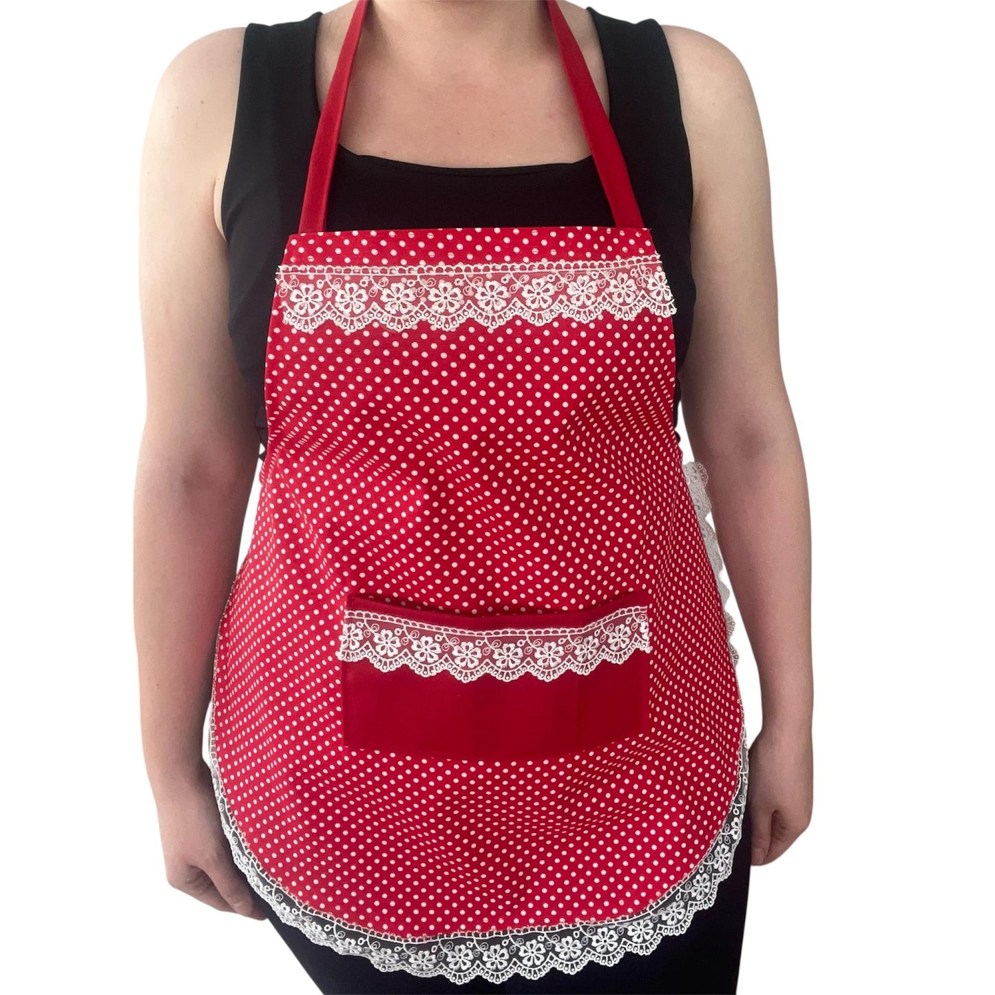 Handmade Red Polka Dot Apron with Lace Trim & Pocket | Romantic Vintage Water-Repellent Kitchen Apron