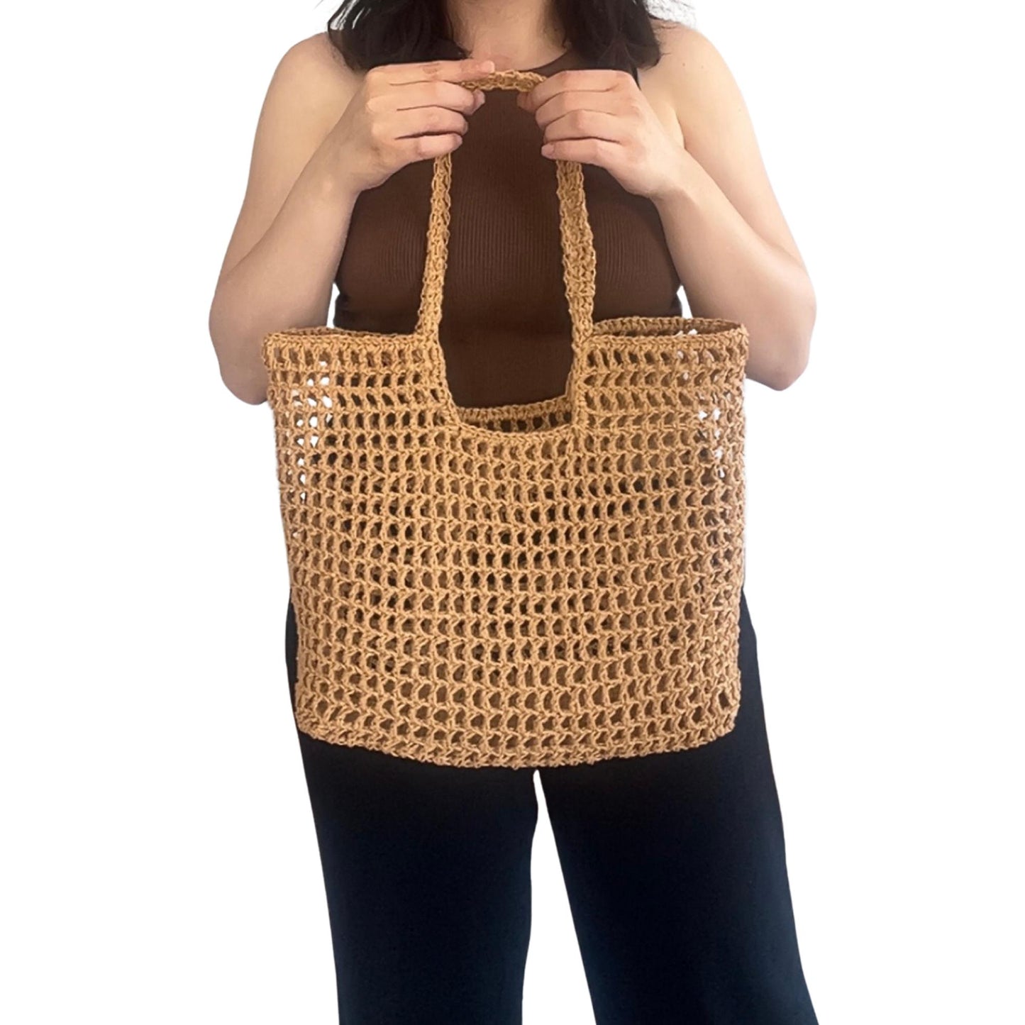 Handmade Crochet Mesh Tote Bag | Natural Straw Color Paper Yarn Summer Beach & Market Bag